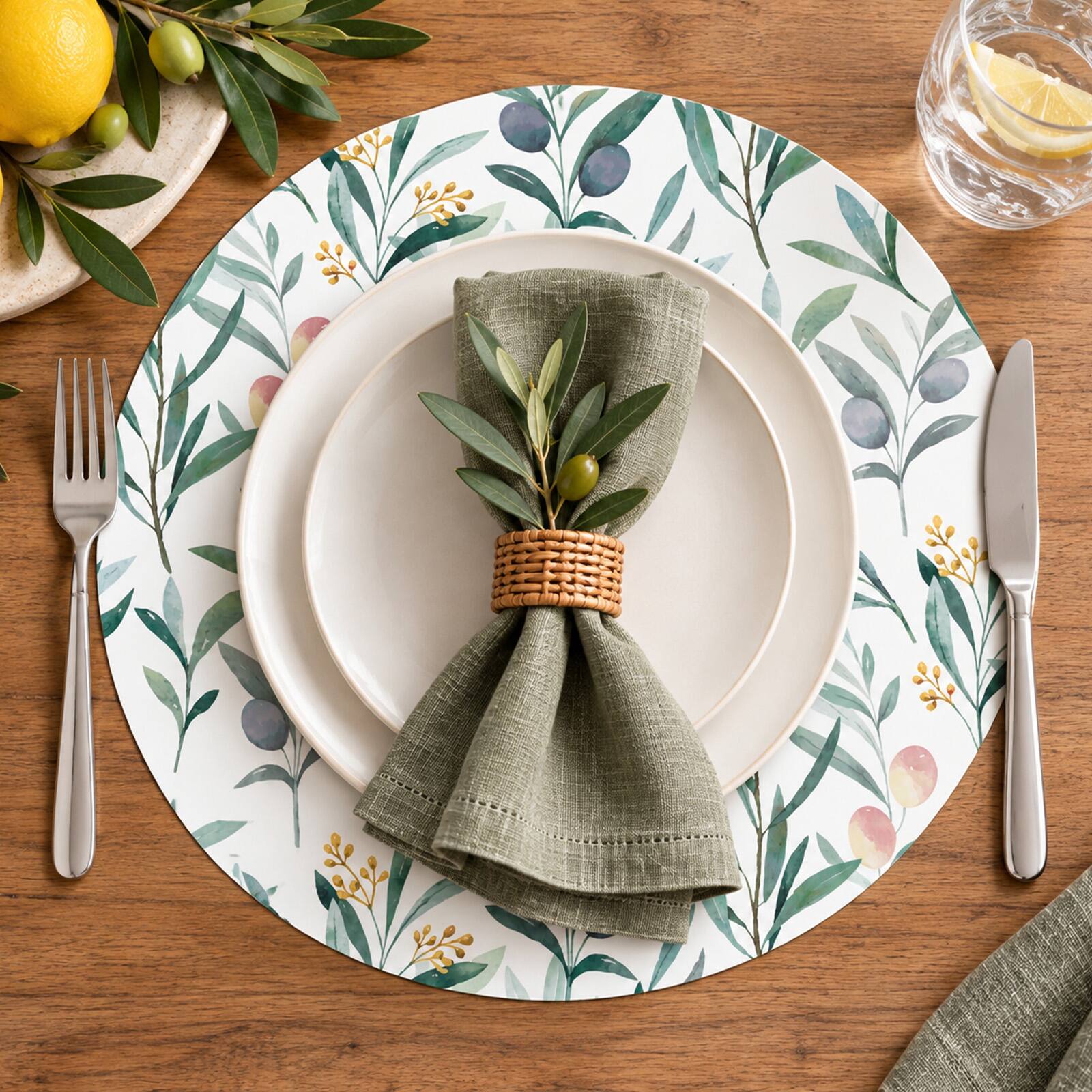 Alt View 1. Frieling - Davanti by  Casa Round Vinyl Placemat, 15" Diameter, Watercolor Olive Branch Print - Olive.