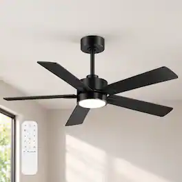 Breezary - 52-Inch Ceiling Fan with LED Light, 6-Speed DC Motor, Remote, Timer, Reversible Blades, Black - All Black
