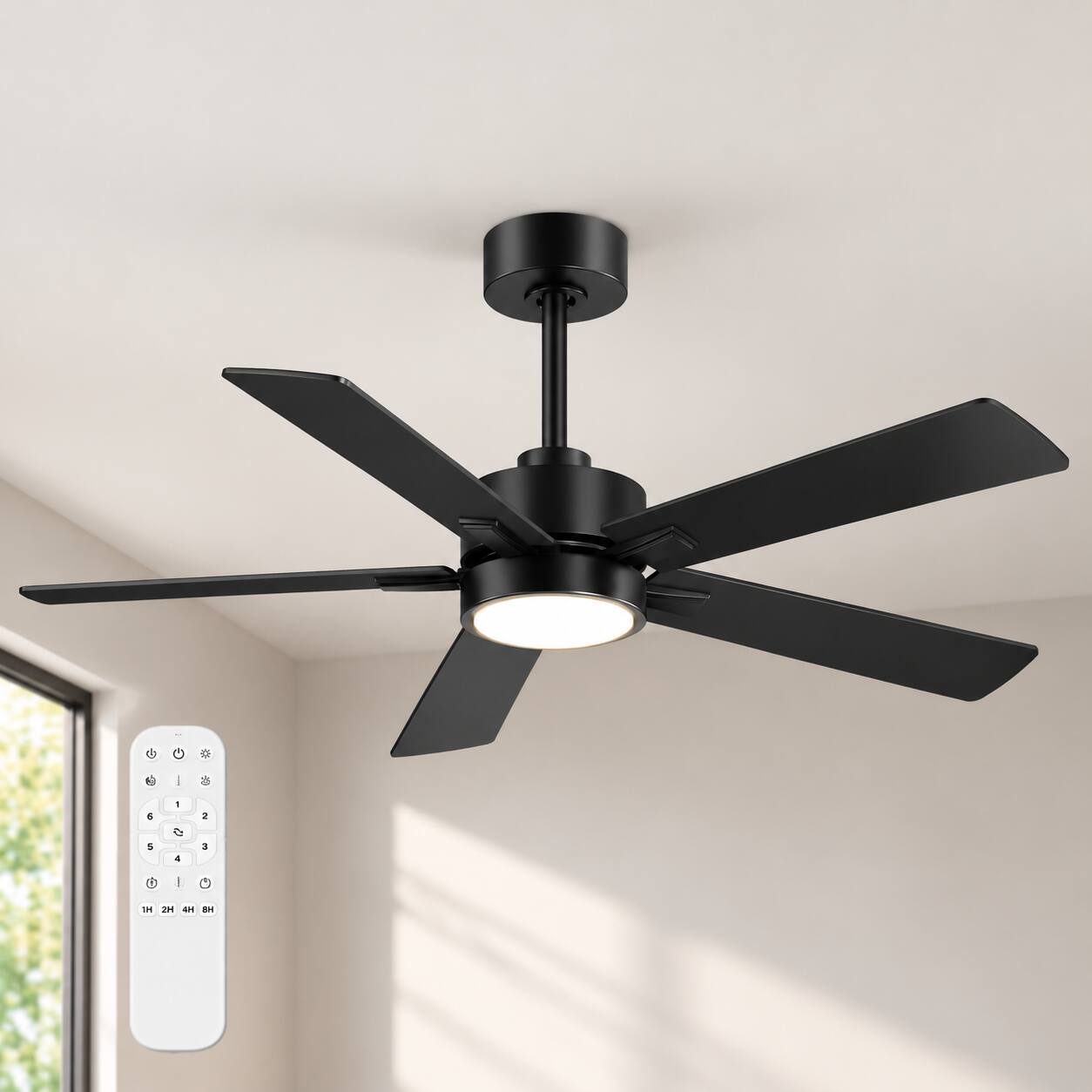 Front. Breezary - Breezary 52-Inch Ceiling Fan with LED Light, 6-Speed DC Motor, Remote, Timer, Reversible Blades, Black - All Black.
