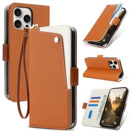 Dteck - for Apple iPhone 16 Pro Slim Flip Wallet Case+Wrist Strap,PU Leather Card Slot Stand Magnetic Closure Shockproof Cover - Brown