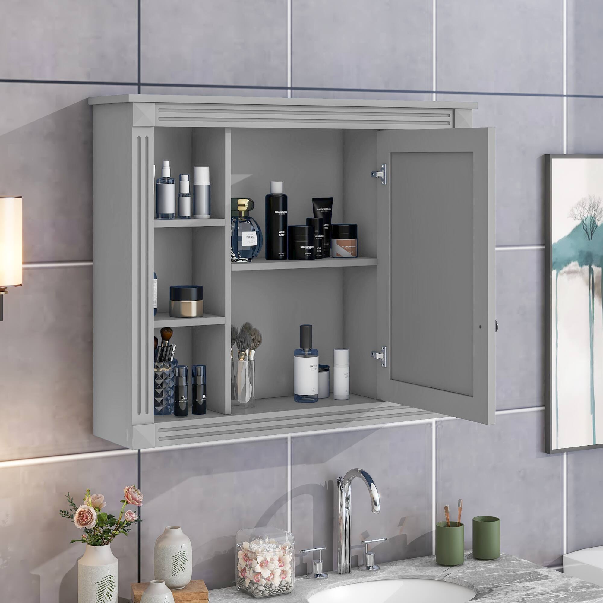 Back. SlickBlue - Wall-Mounted Medicine Cabinet with Mirror and Open Shelving Design - Grey.