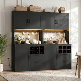 Aheaplus - 72'' Tall Pantry Cabinet with 2 Drawers & Grid Wine Rack, Storage Cabinet with Power Outlets & LED Lights, 2 Piece Set - Black