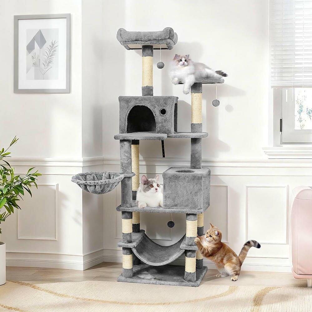 Alt View 1. Kadyn - 66-Inch Tall Multi-Level Cat Tower with Two Condos and Sisal Posts, Light Gray - Gray.