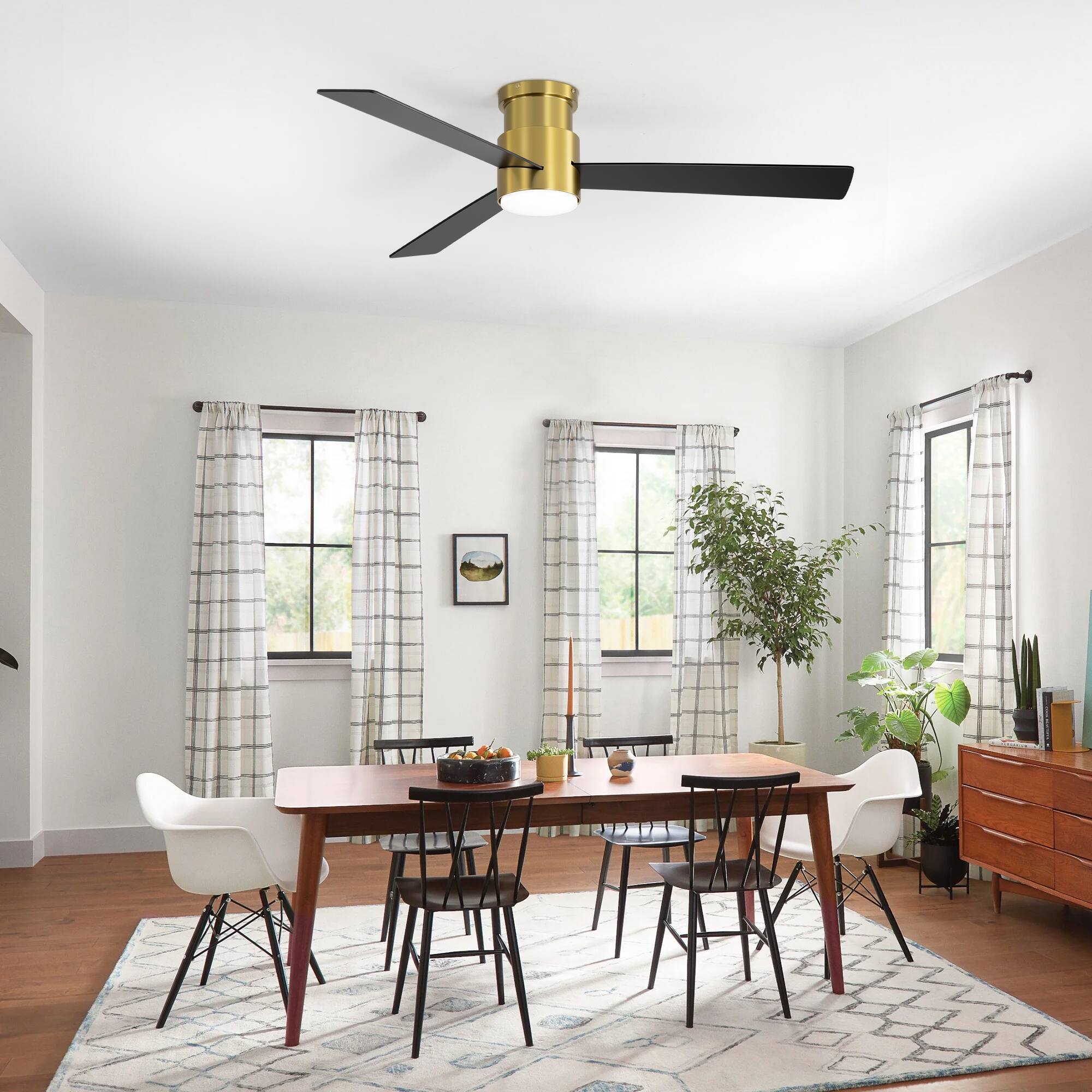 Alt View 1. Breezary - 52'' Flush Mount Ceiling Fan with 3 Plywood Blades, 3-Color Light, 6-Speed DC Motor, Remote with Timer & Memory - Golden and Matte Black.