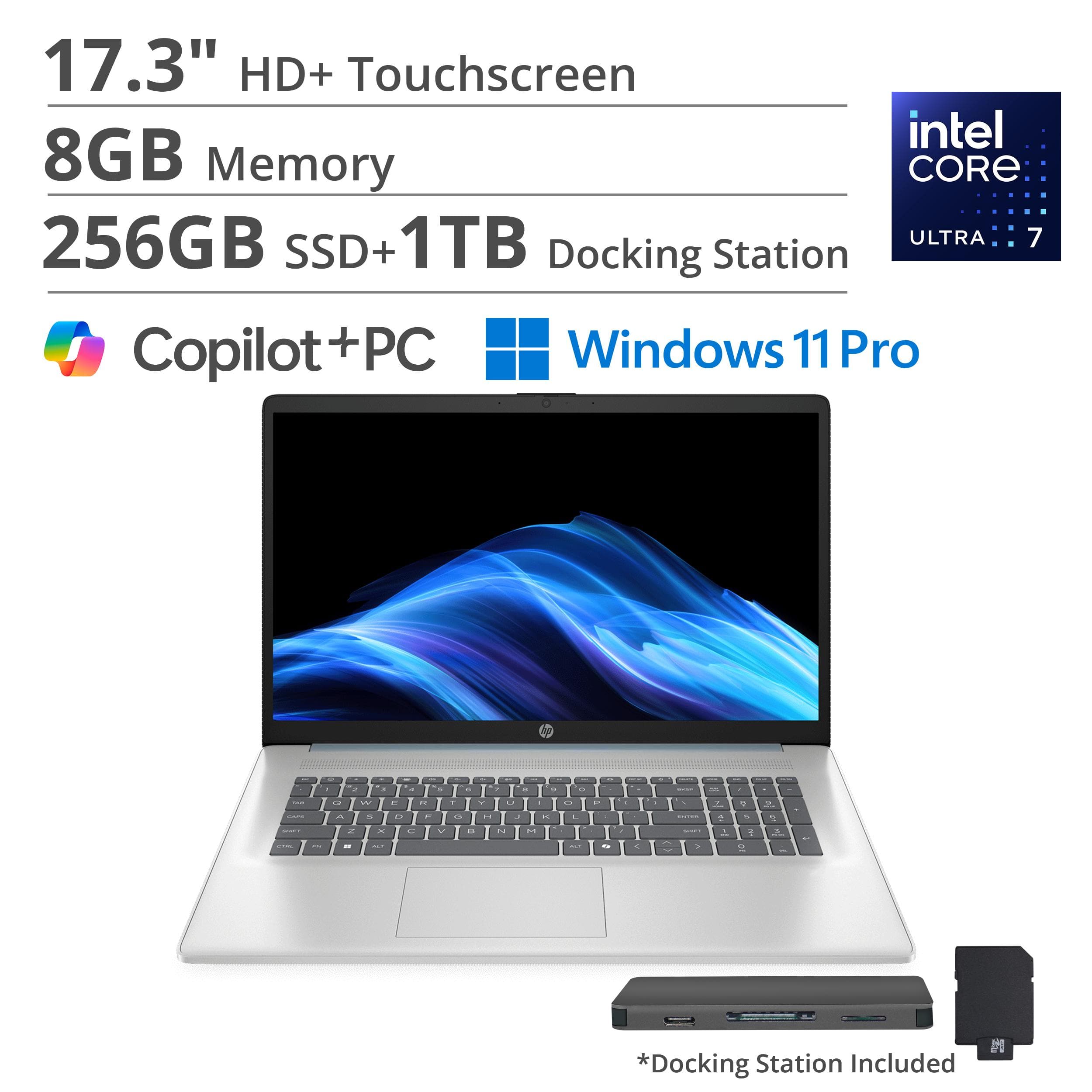HP - 17.3" HD+ Touchscreen Laptop,Intel Ultra 7 255U,8GB DDR4,256GB SSD+1TB Dock Set,Backlit Keyboard,Win 11 Pro - Blue