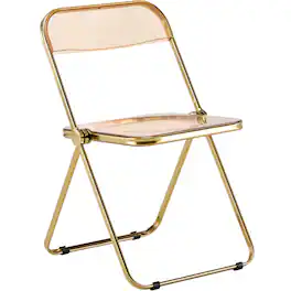 LeisureMod - Lawrence Clear Acrylic Folding Chair, Modern Gold Chrome Frame, Fully Assembled Portable Dining Seat - Amber