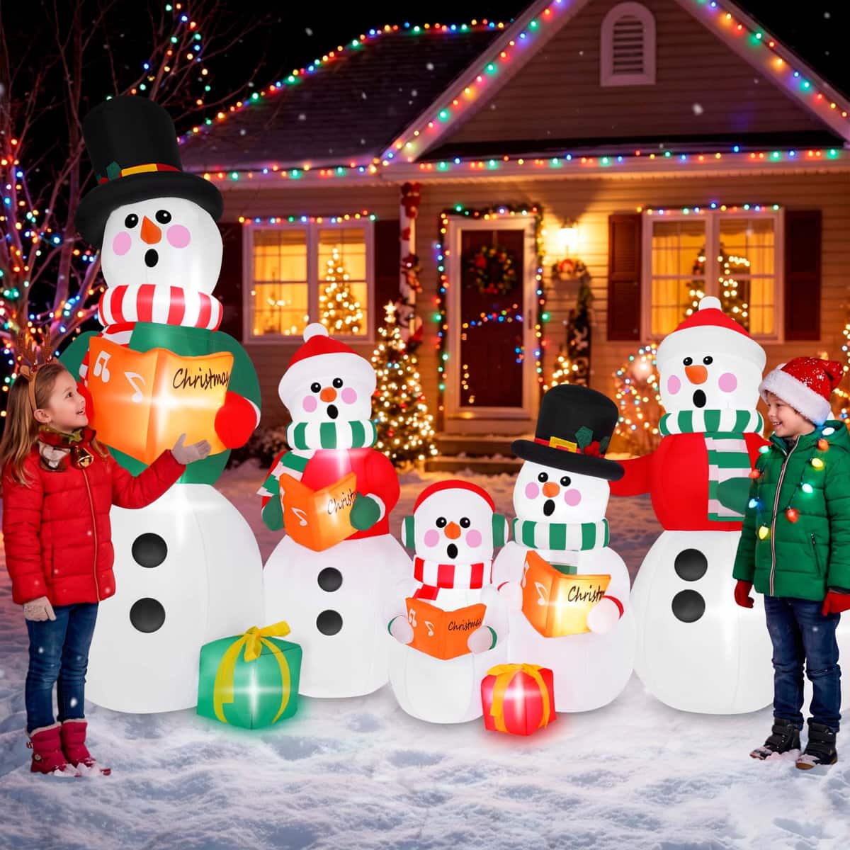Wisairt - 6.5FT Christmas Inflatable Snowman Family Outdoor Yard Decoration with Built-in LED lihgts, 10s Fast Blow-up - Green|White|Red