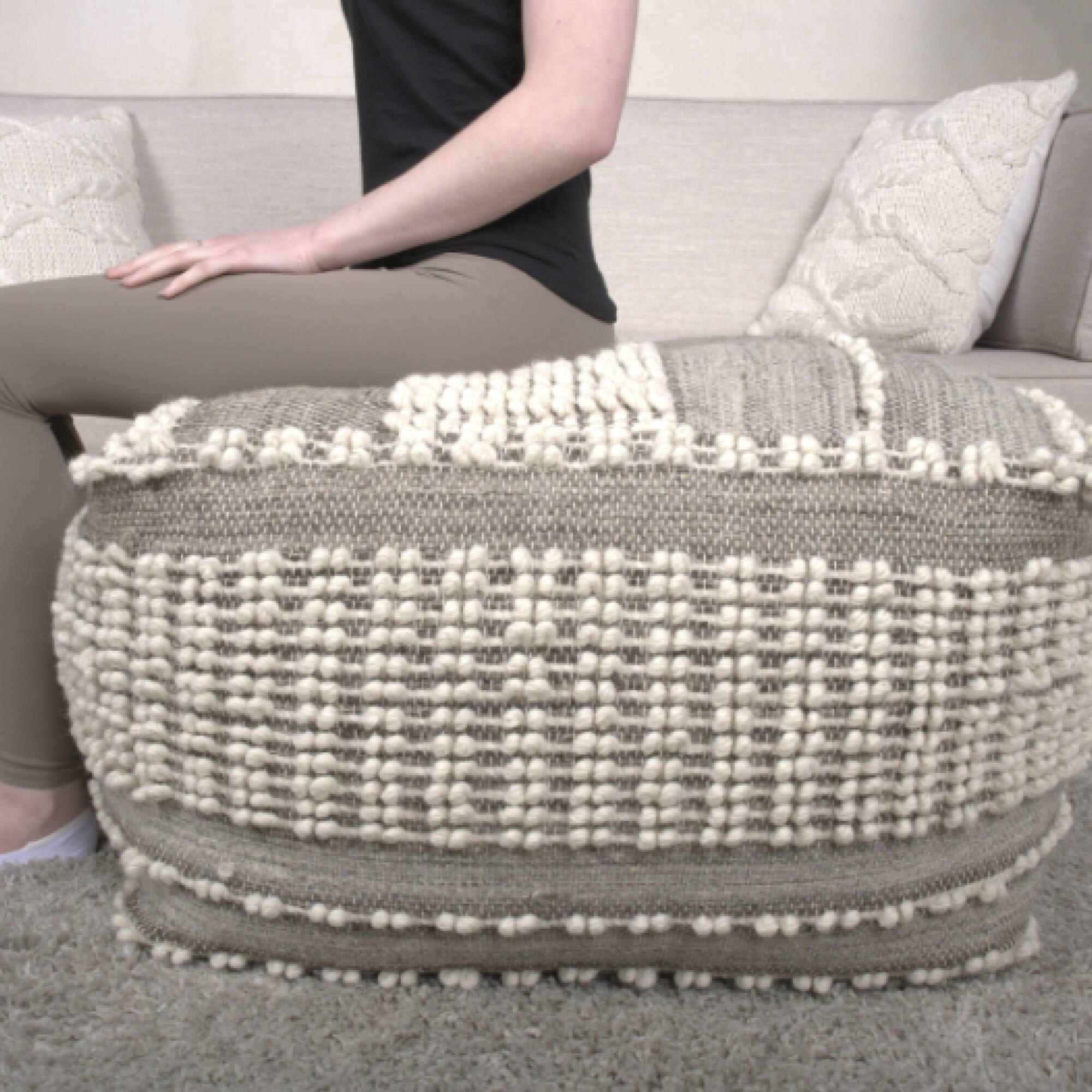 Left. GOODSILO - Handcrafted Rustic Large Wool and Cotton Pouf Ottoman Footstool for Cozy Home Decor - Brown+Beige.