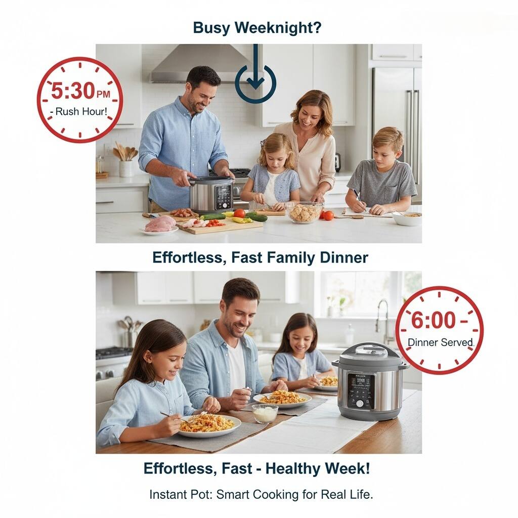 Busy Weeknight?  
5:30 PM - Rush Hour!  

Effortless, Fast Family Dinner  

6:00 - Dinner Served  

Effortless, Fast - Healthy Week!  

Instant Pot: Smart Cooking for Real Life.