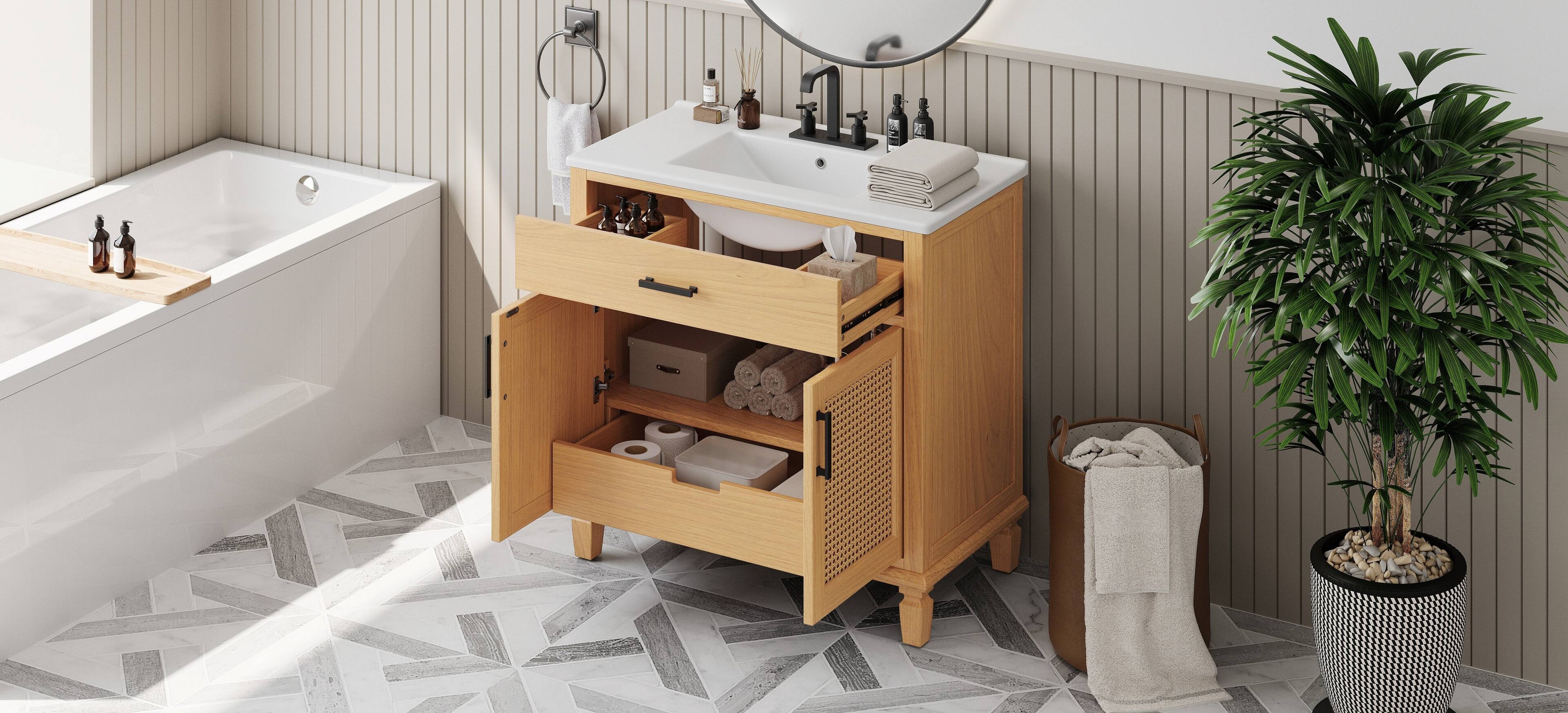 Alt View 4. Boyel Living - 36 Inch Rattan Bathroom Vanity with Ceramic Sink Soft Close Doors and Drawers Solid Wood Legs - Natural.