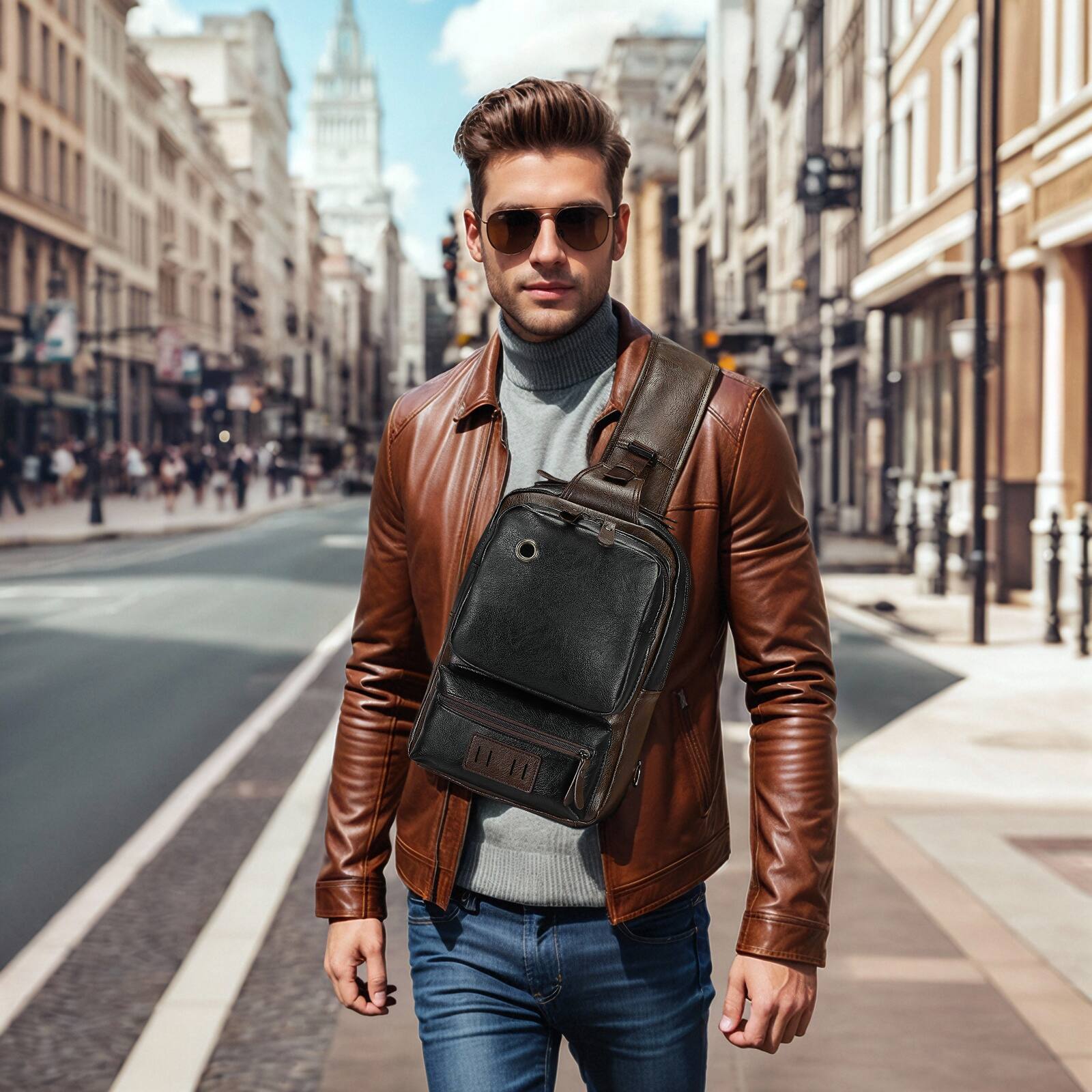 Alt View 1. Unique Bargains - Vintage PU Leather Sling Backpack for Men Women Crossbody Bag Compact Backpack for Travel Daily Use and Gift - Black.