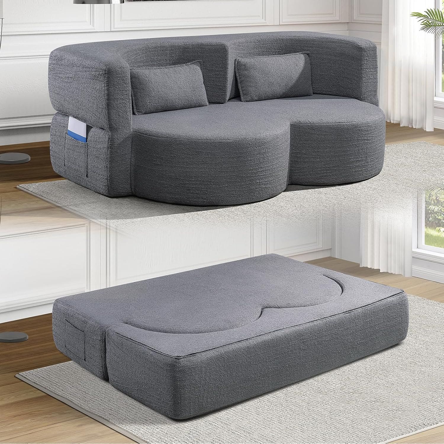 Trinkets Crazed - 79'' Oversized Folding Sofa Bed, Teddy Upholstered Folding Mattress Couch with Pillows - Gray