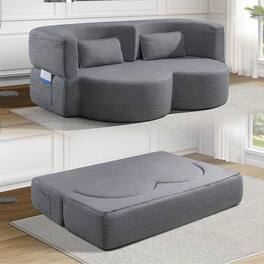 Trinkets Crazed - 79'' Oversized Folding Sofa Bed, Teddy Upholstered Folding Mattress Couch with Pillows - Gray