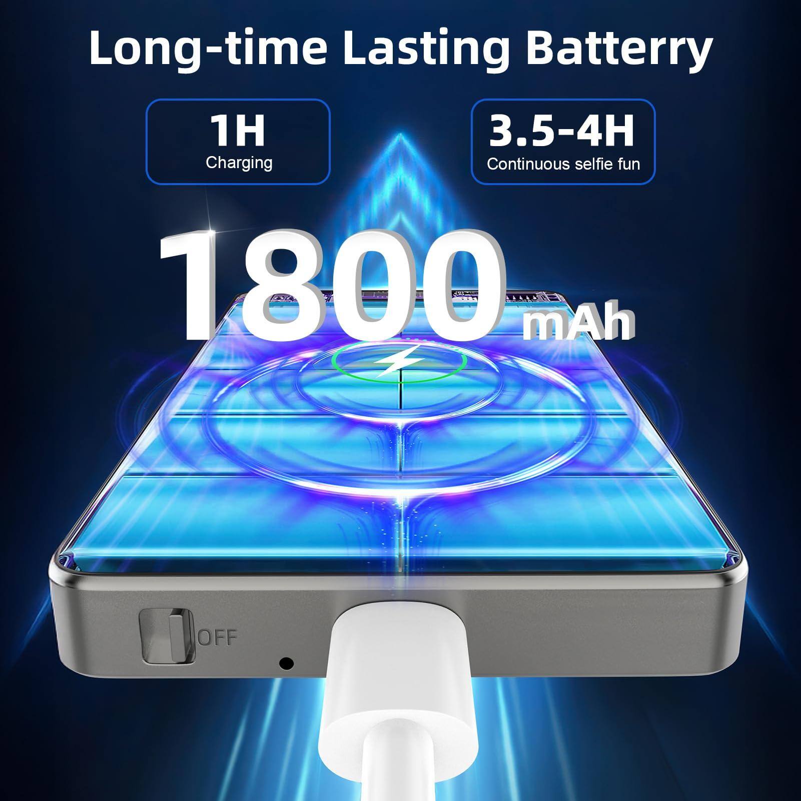 Long-time Lasting Battery  
1H Charging  
3.5-4H Continuous selfie fun  
1800 mAh  
OFF