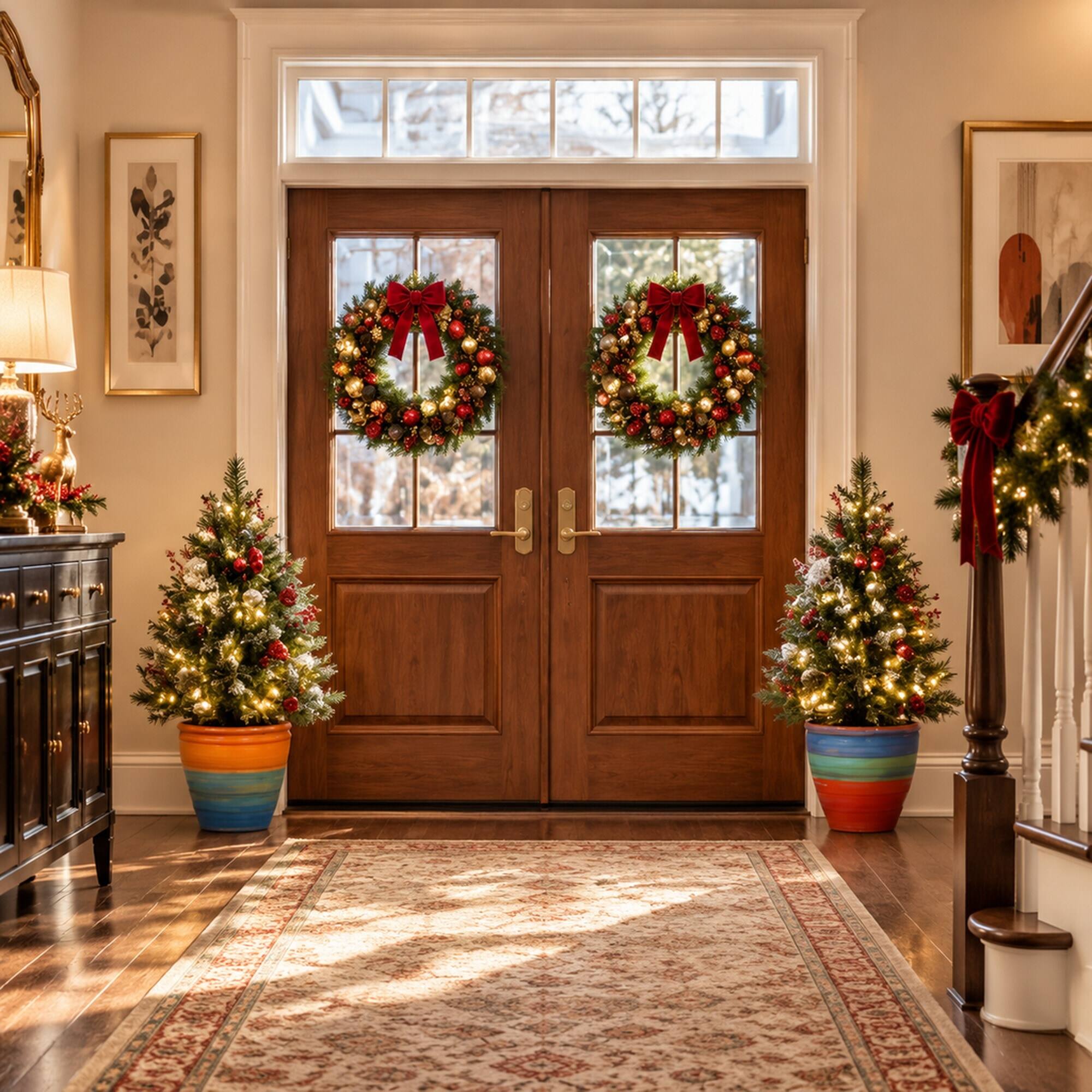 Back. RYHNUYNE - Artificial Christmas Tree Set With Festive Outdoor Porch Decor and Front Door Charm - Green,White.