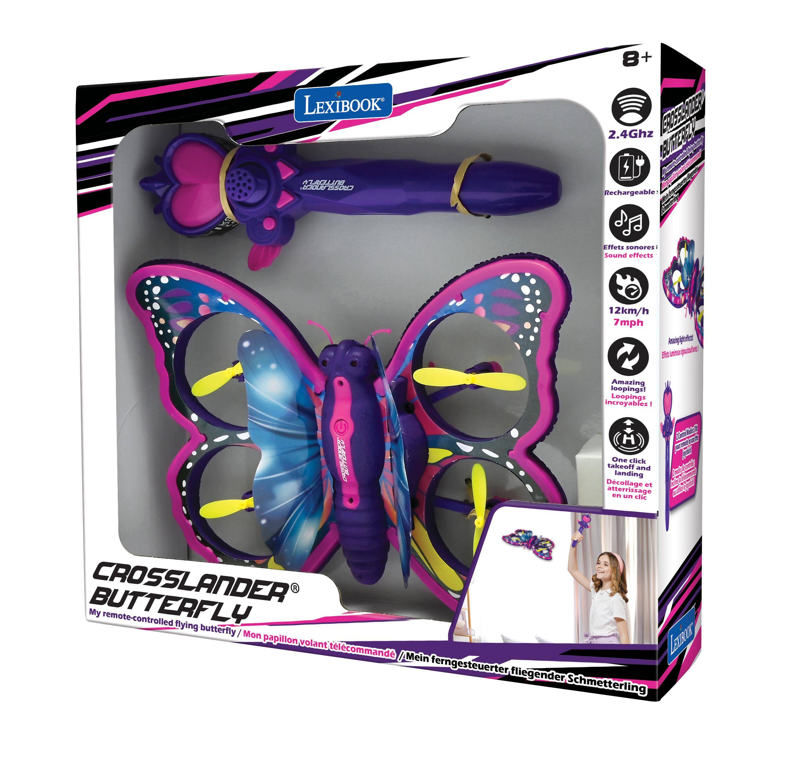 8+  
LEXIBOOK  
CROSSLANDER! 2.4Ghz BUTTERFLY  
MUSTATA  
Rechargeable  
sonures Sound effects  
2km/h 7mph Amazing lights dietas Ellec umitirear spostariona!  
Amazing loopings! Loopings incroyables  
One click takeoff and landing Dcellage et atterriza  
CROSSLANDER My BUTTERFLY remote-controlled flying butterfly / Mon LEXIBOOK papillon volant lcommand Mein ferngesteuerter fliegender Schmetterling
