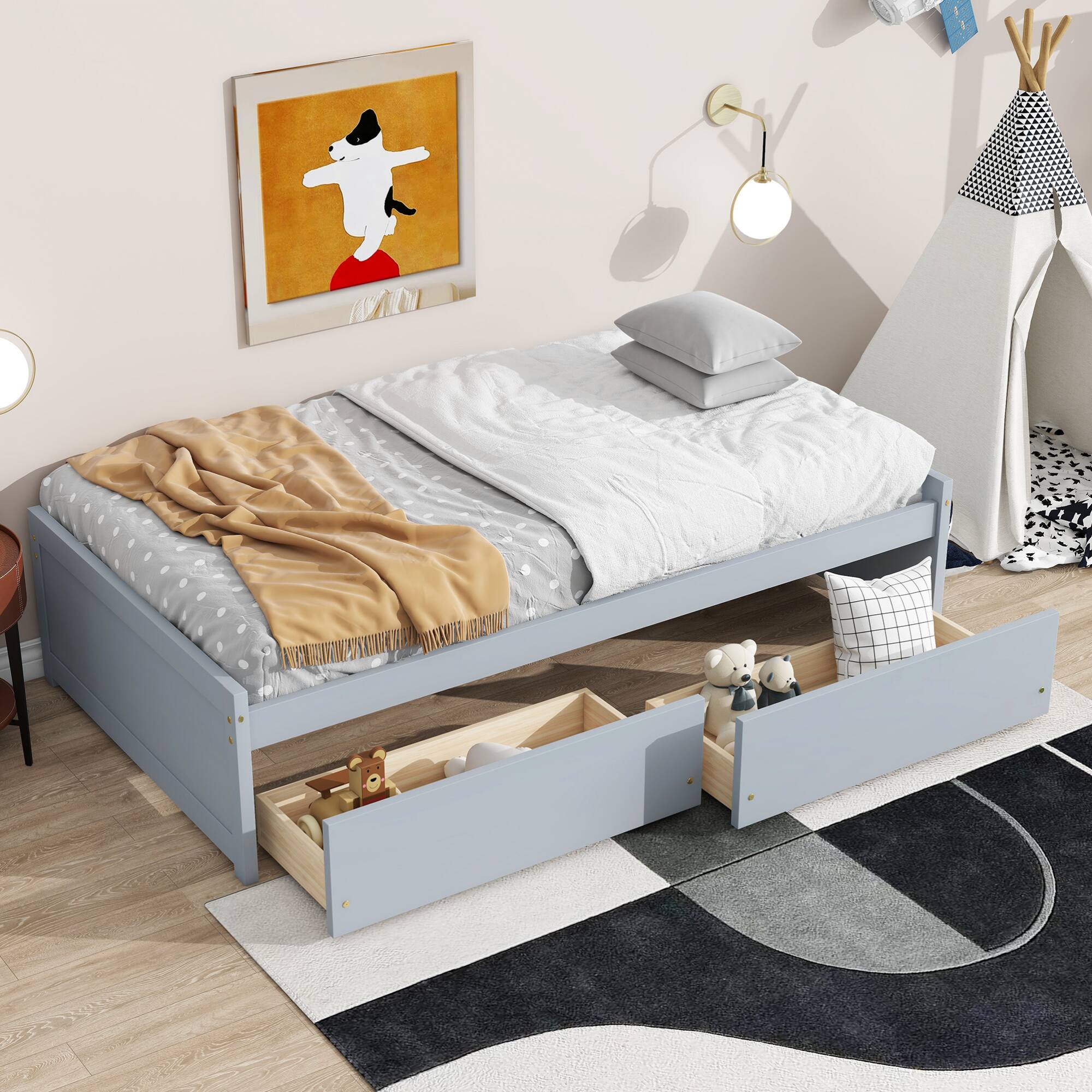 Alt View 8. GOODSILO - Twin Size Platform Bed with Two Underbed Storage Drawers for Space-Saving Bedroom Organization - Grey.