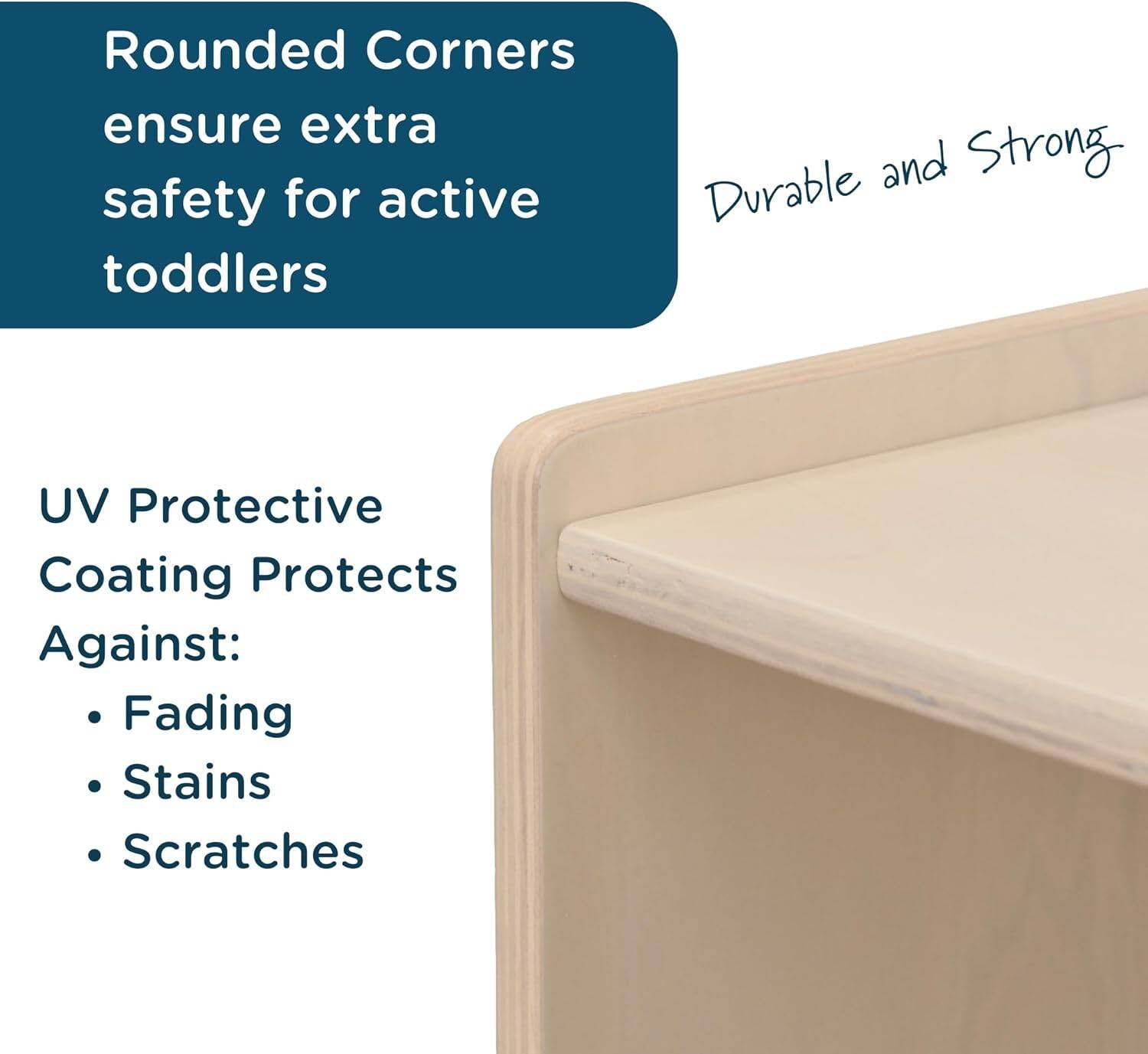 Rounded Corners ensure extra safety for active toddlers

Durable and Strong

UV Protective Coating Protects Against:
- Fading
- Stains
- Scratches