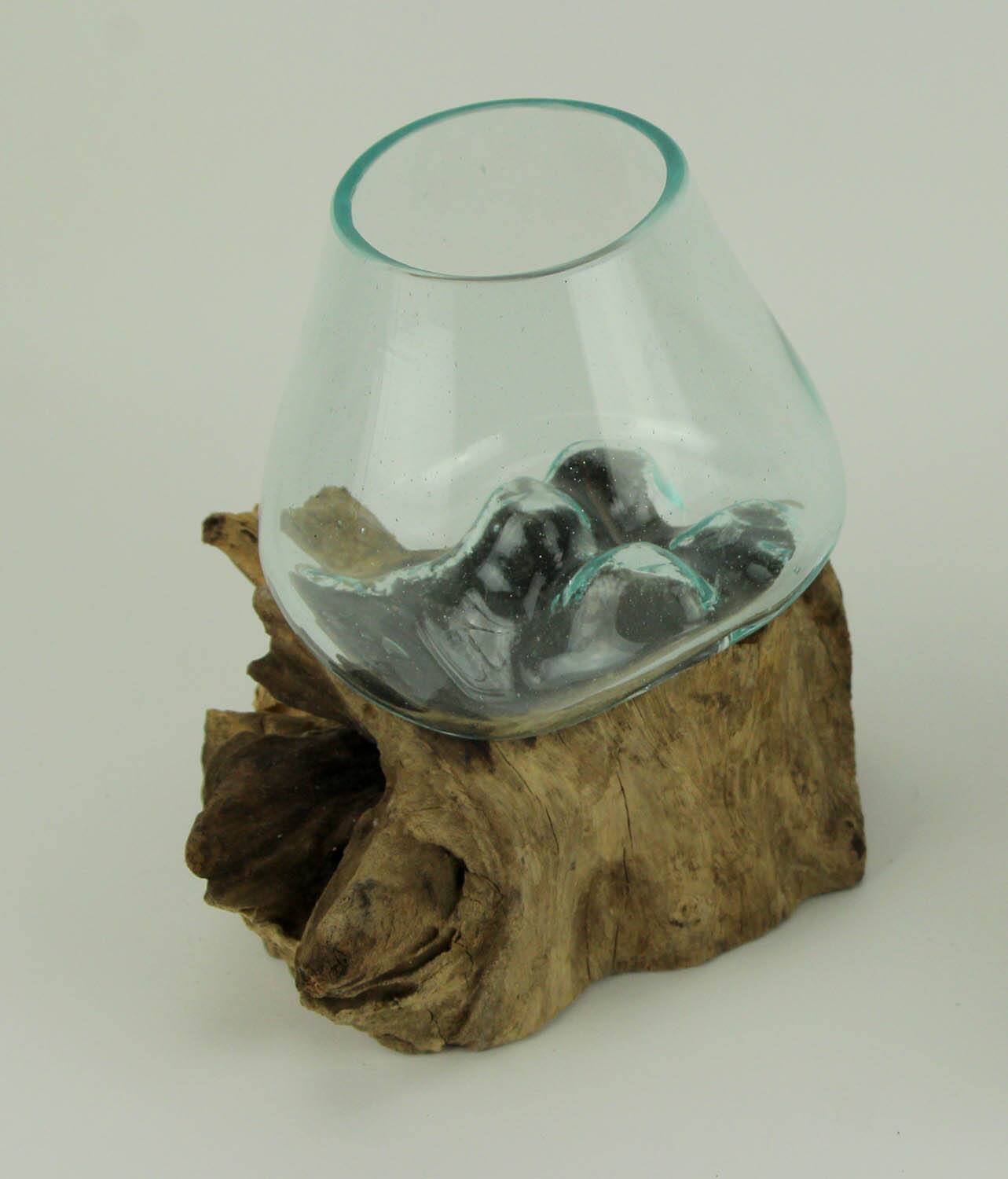 Alt View 1. Zeckos - Clear Molten Glass On Teak Driftwood Base Decorative Bowl Vase Terrarium Planter - Brown.