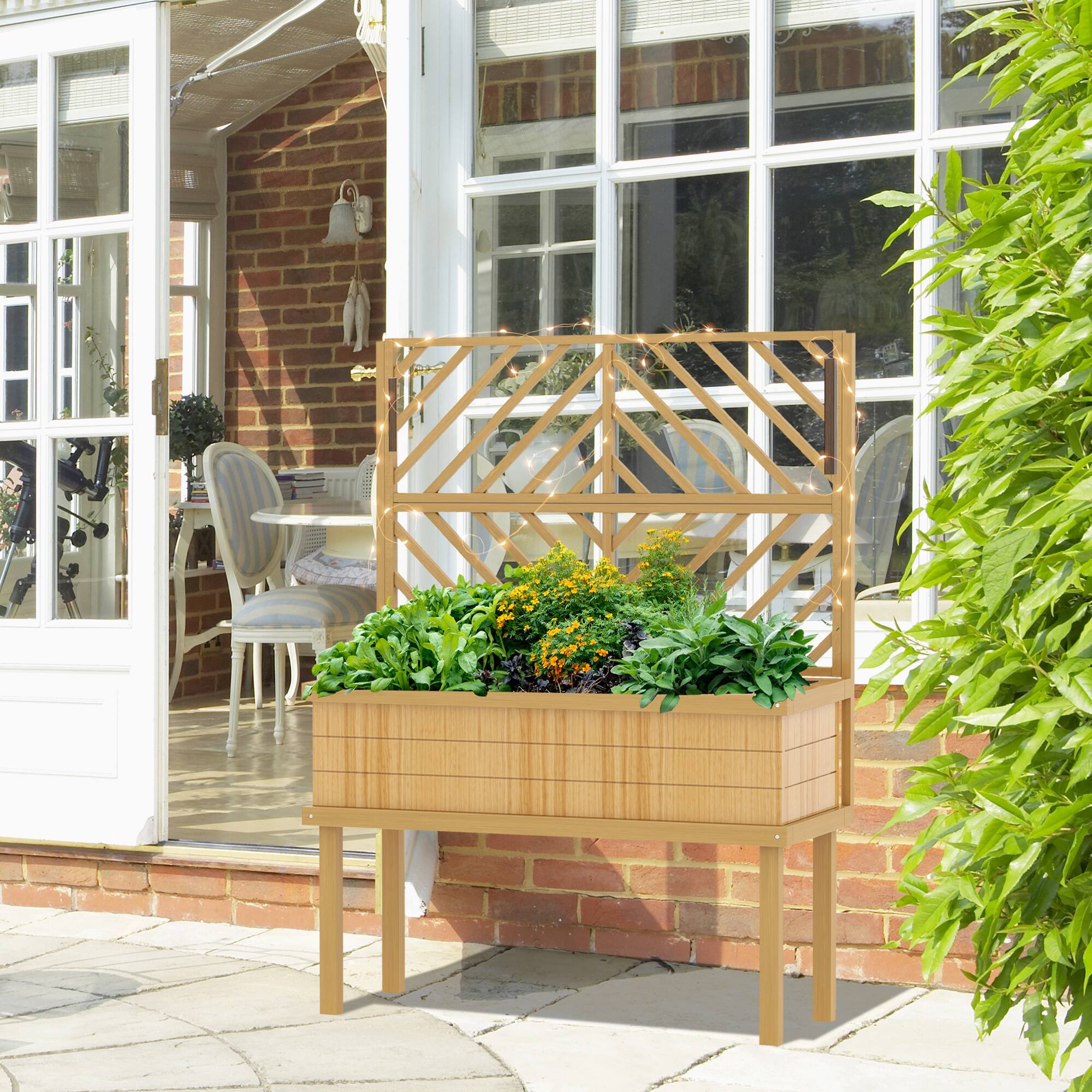 Alt View 7. Outsunny - Wood Planter with Trellis for Climbing Plants, Raised Garden Bed with Legs and Drainage Holes - Natural Wood.