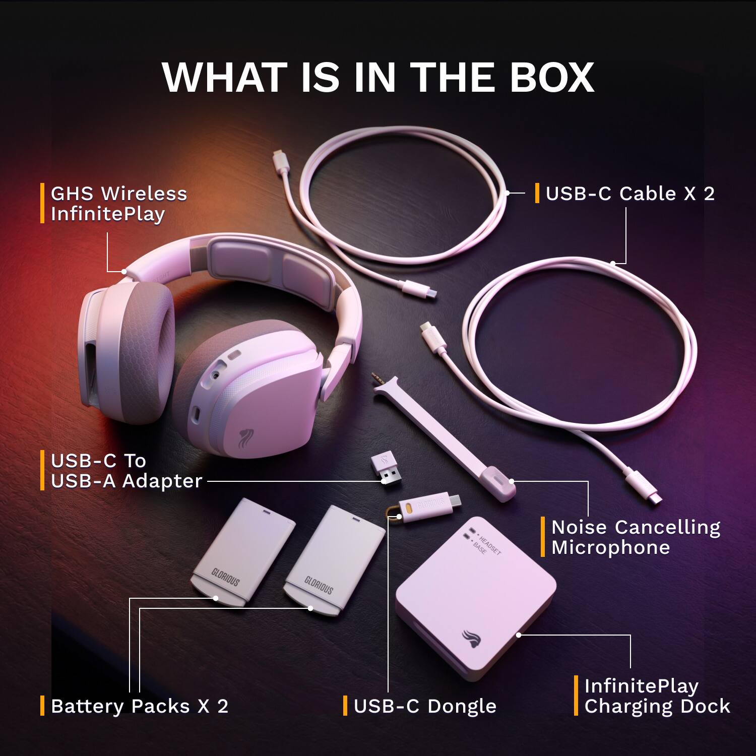 WHAT IS IN THE BOX

- GHS Wireless InfinitePlay
- USB-C Cable X 2
- USB-C To USB-A Adapter
- Battery Packs X 2
- USB-C Dongle
- Noise Cancelling Microphone
- InfinitePlay Charging Dock
