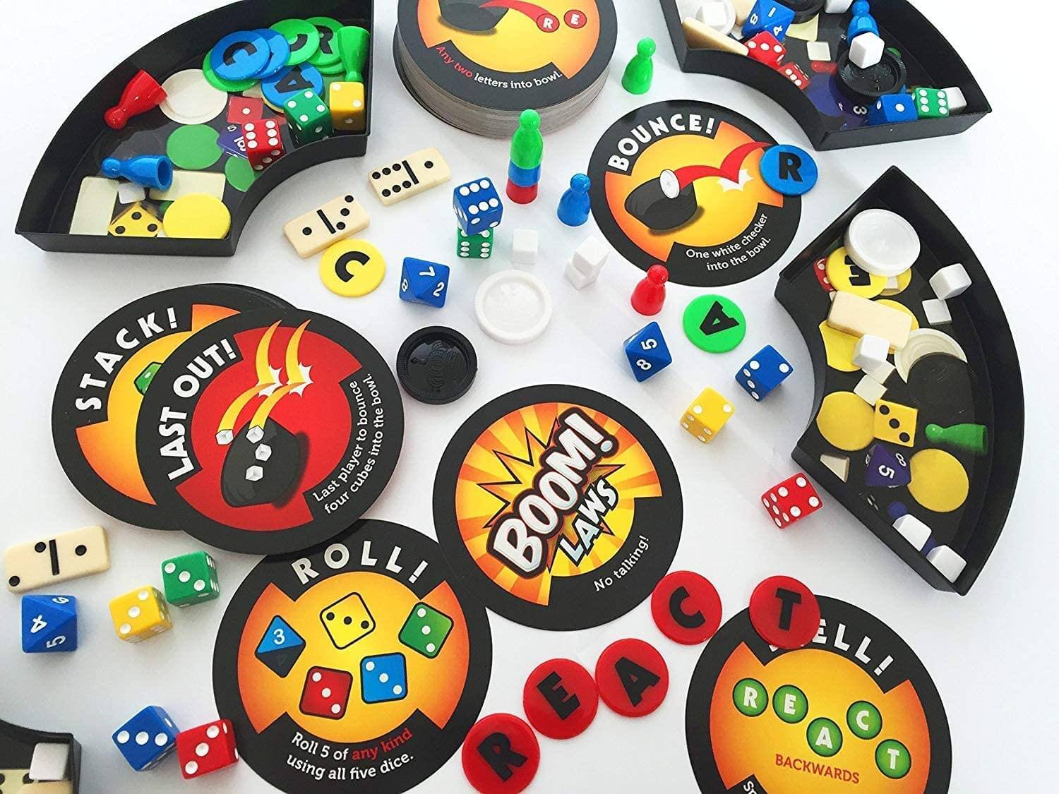 - TACK! Any two letters into bowl
- STACK! Roll kind of any five dice
- LAST OUT! Last player to roll into the bowl
- BOUNCE! One white checker into the bowl
- BOOM! No talking!
- ROLL! Roll 5 of using all five dice
- RECALL! BACKWARDS