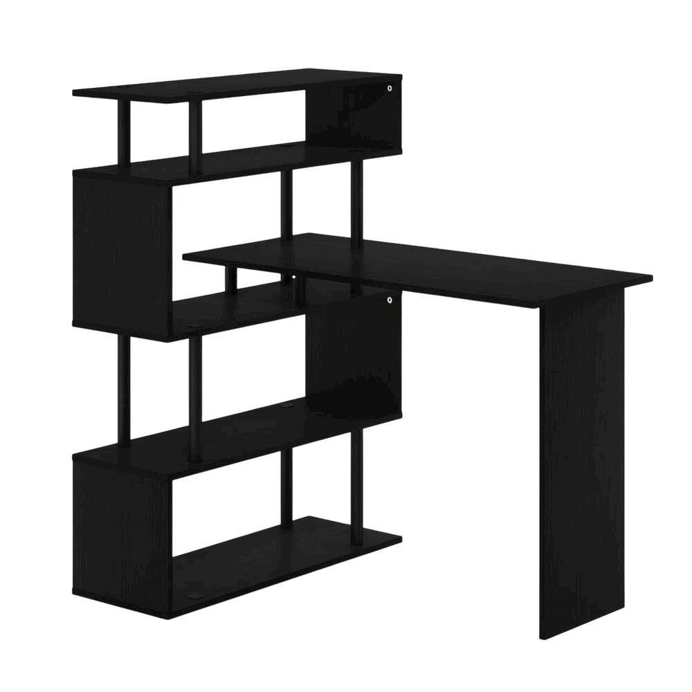 Back. BisonOffice - L-Shaped Computer Desk with 5-Tier Shelves, Amber Finish, Space-Saving Workspace - Americano/Black.