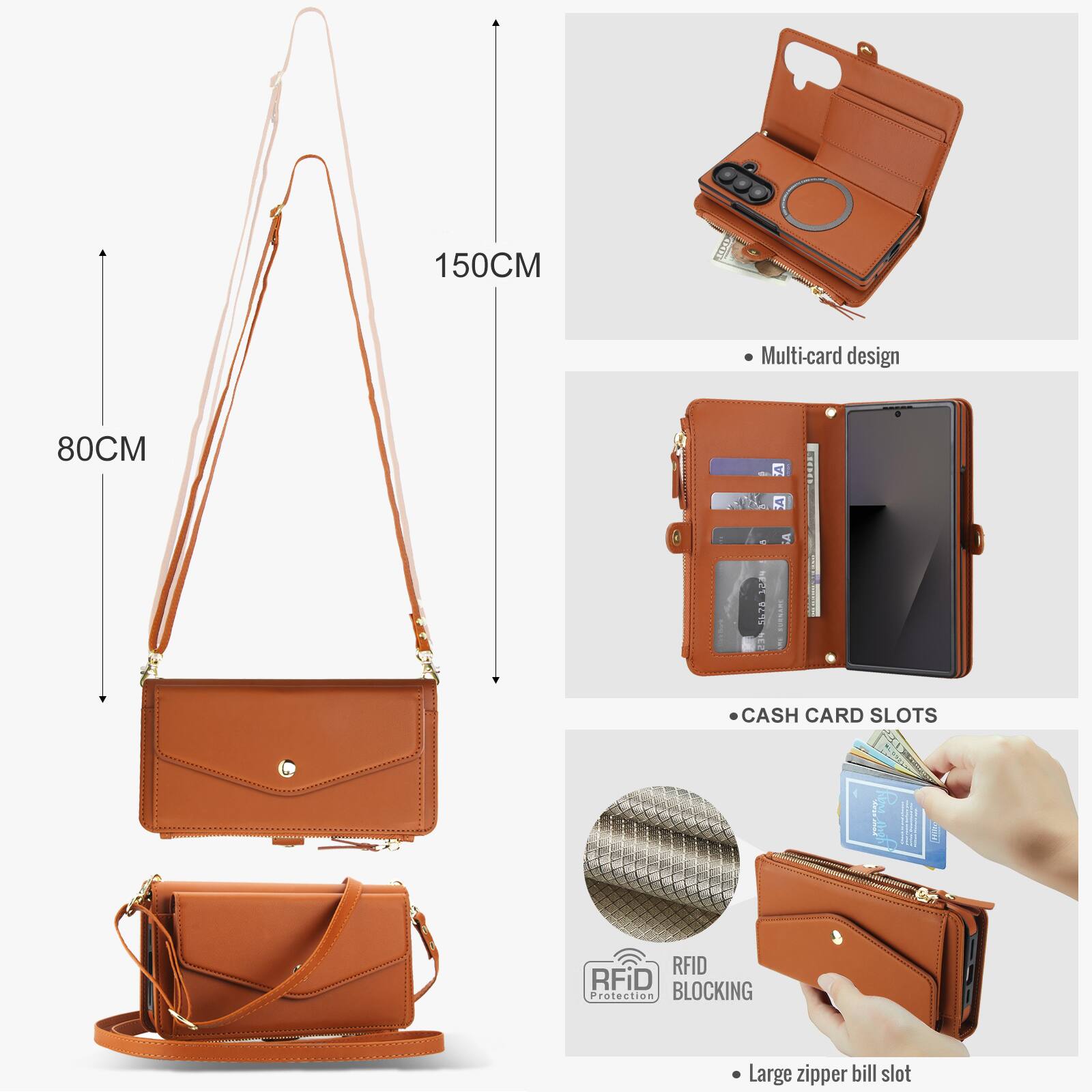 150CM  
80CM  
Multi-card design  
CASH CARD SLOTS  
RFID Protection BLOCKING  
Large zipper bill slot