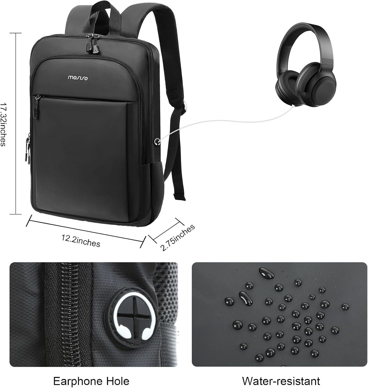 17.32 inches  
12.2 inches  
2.75 inches  
Earphone Hole  
Water-resistant