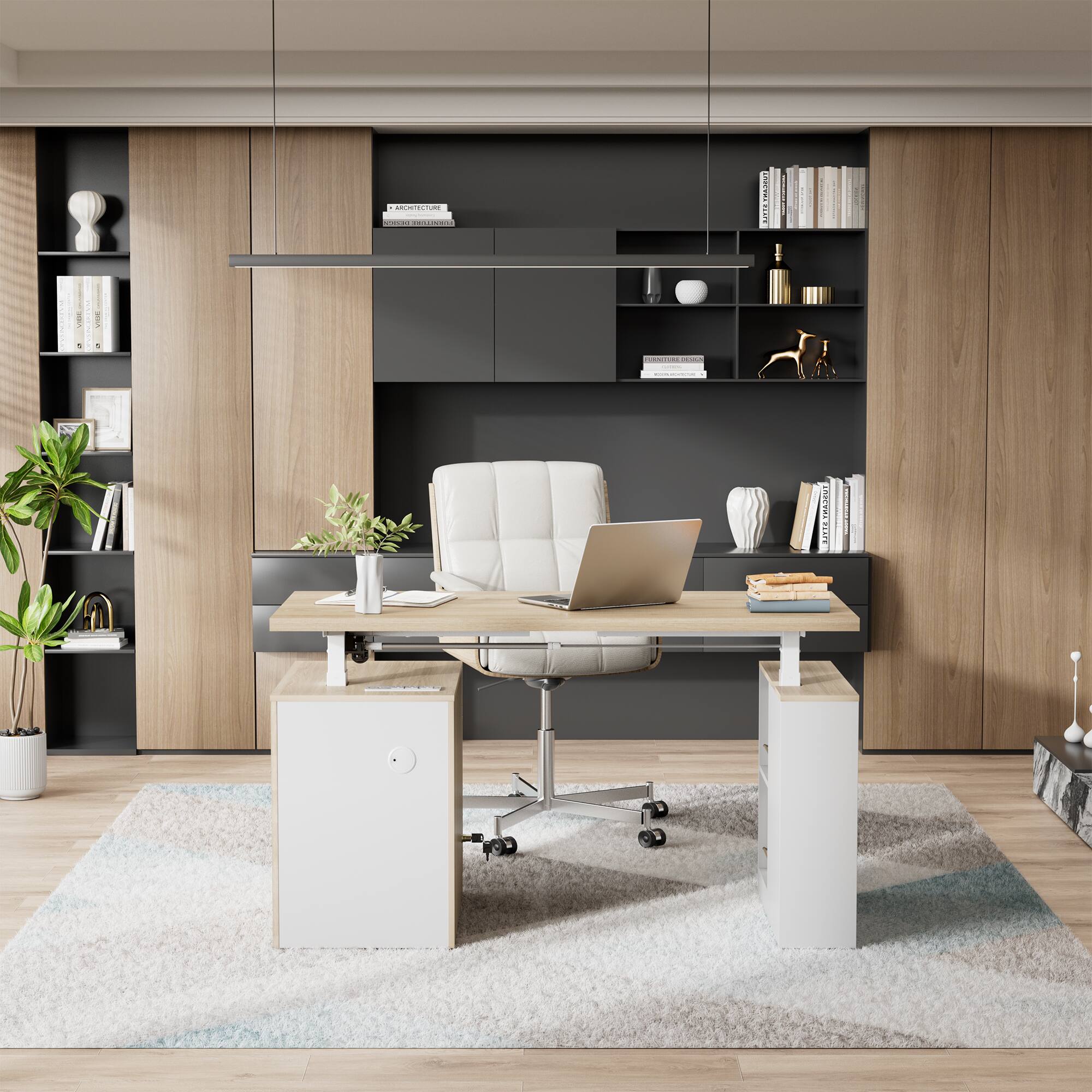 Alt View 6. ModernMate - 53" Electric Executive Desk with Drawers & File Cabinet, Built-in Charging Station - Light Walnut.