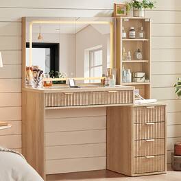 PO3TICJUNKI3 - Fluted Vanity Desk with Lighted Mirror, Glass Top, 6 Drawers, Power Outlet - Natural Wood