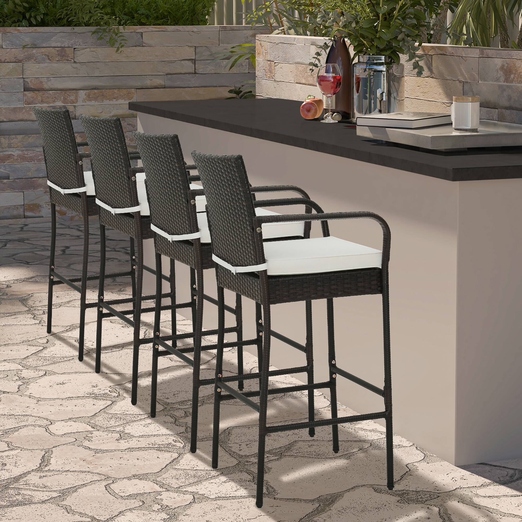 Alt View 2. Gymax - Gymax 4PCS Patio PE Wicker Bar Chairs Counter Height Barstools With Armrests & Cushions - Off White.