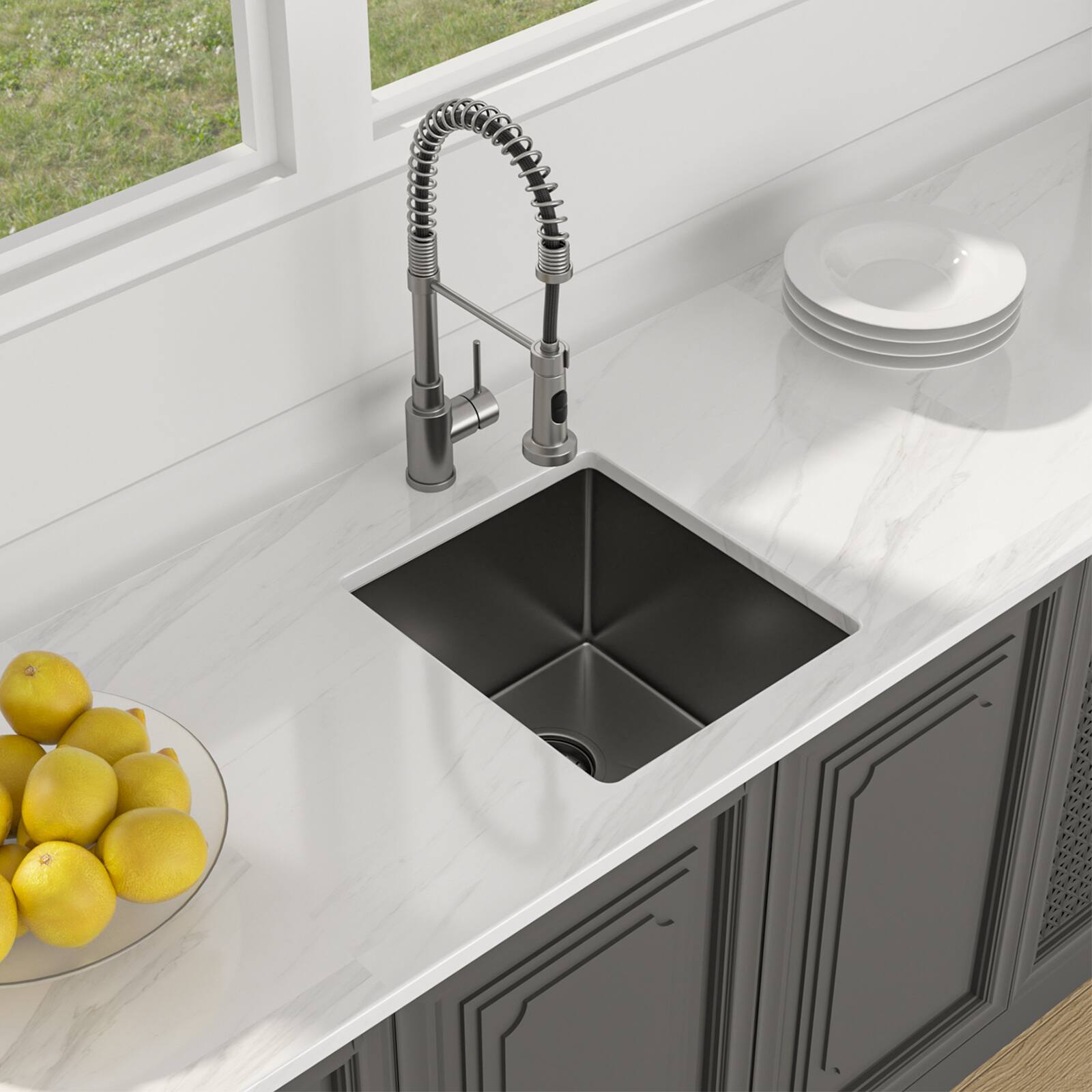Angle. Lordear - 15" x 17" Undermount Gunmetal Black Kitchen Sink Single Bowl 16 Gauge Stainless Steel Sink - Gunmetal Black.