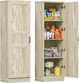Aheaplus - 2-Pack Farmhouse Pantry Cabinets ,Adjustable Shelves, Reversible Doors, Slim Freestanding Organizers,Ships in 2 packages - White Oak