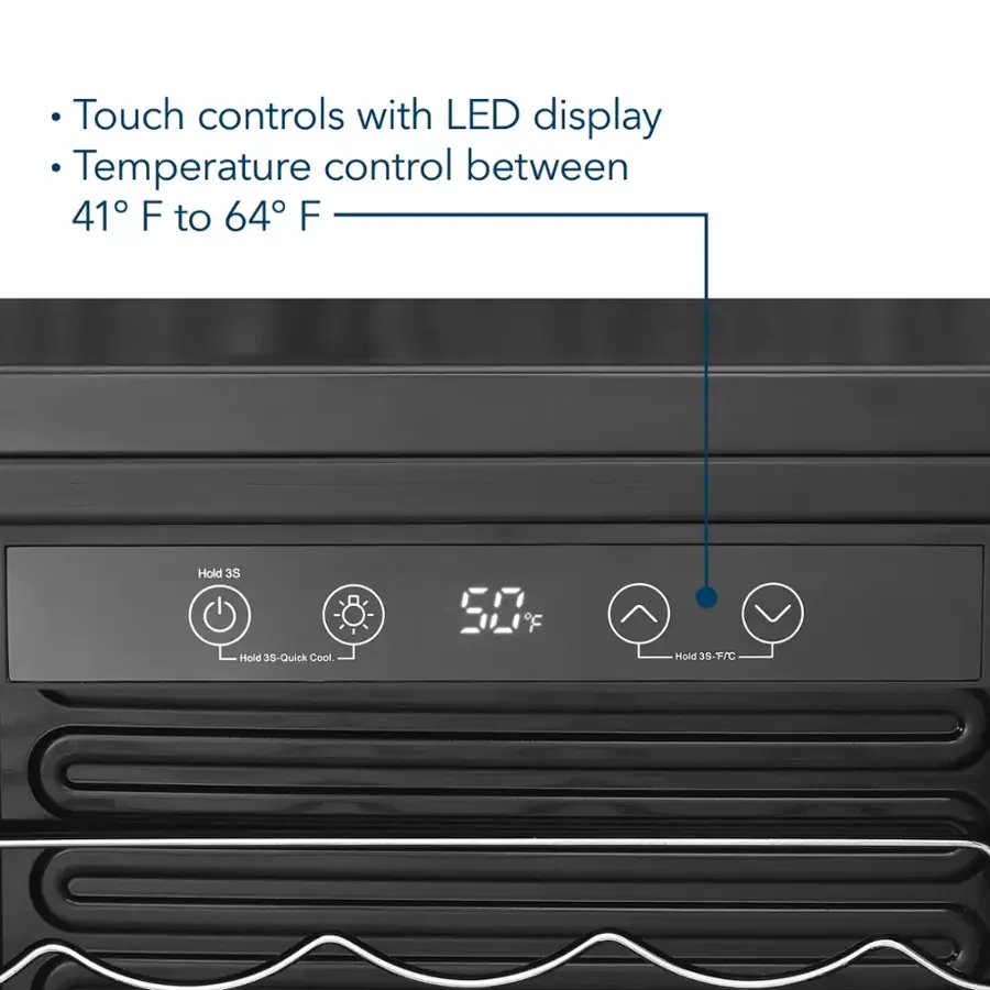 Touch controls with LED display, Temperature control between 41°F to 64°F, Hold 3S, Hold 38°C, Quick Cool 50°C, Hold 38°C, 17°C.