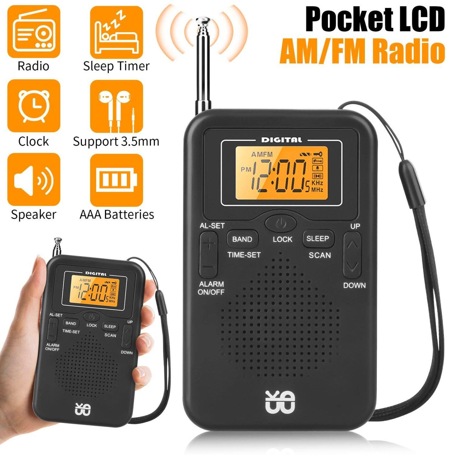 Radio, Sleep Timer, Pocket LCD AM/FM Radio, Clock, Support 3.5mm, Speaker, AAA Batteries, DIGITAL AMFM PM 12:00, 5 MHz KHz, (AL-SET, BAND, LOCK, SLEEP, UP, TIME-SET, SCAN), DIGITAL AMFM PM 12:00, ALARM ON/OFF, UP, ALARM ON/OFF, DOWN