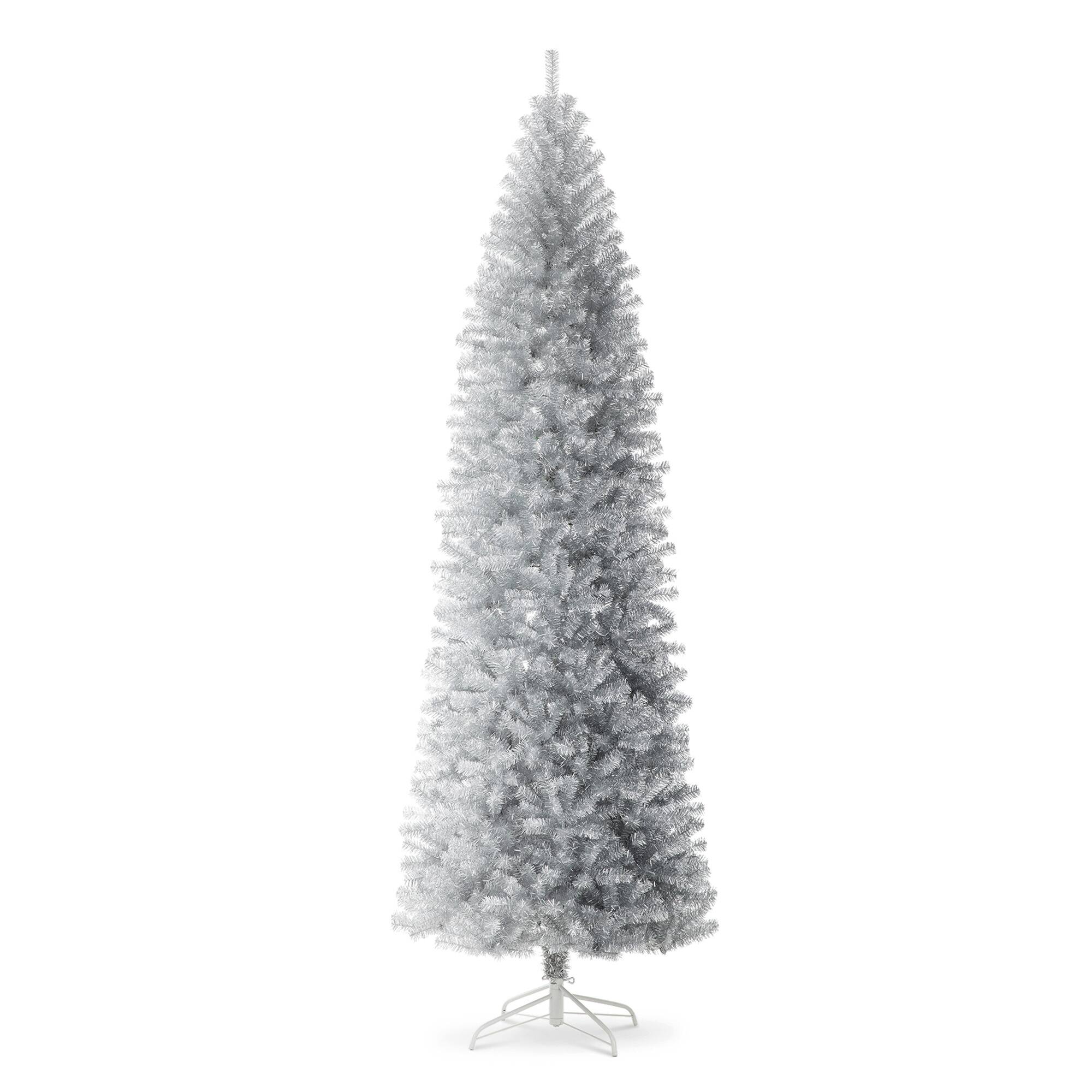 Angle. Glitzhome - 9ft Pencil Tinsel Artificial Christmas Tree - White.