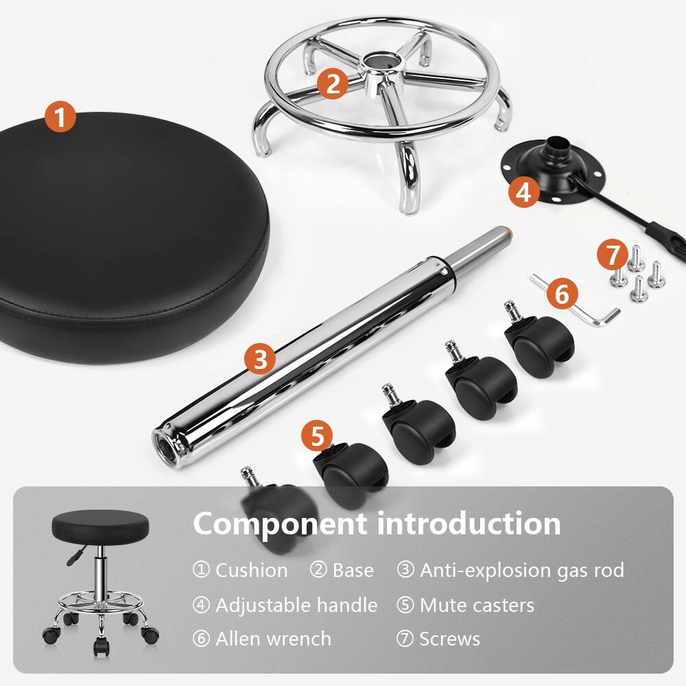 Component introduction

1. Cushion
2. Base
3. Anti-explosion gas rod
4. Adjustable handle
5. Mute casters
6. Allen wrench
7. Screws