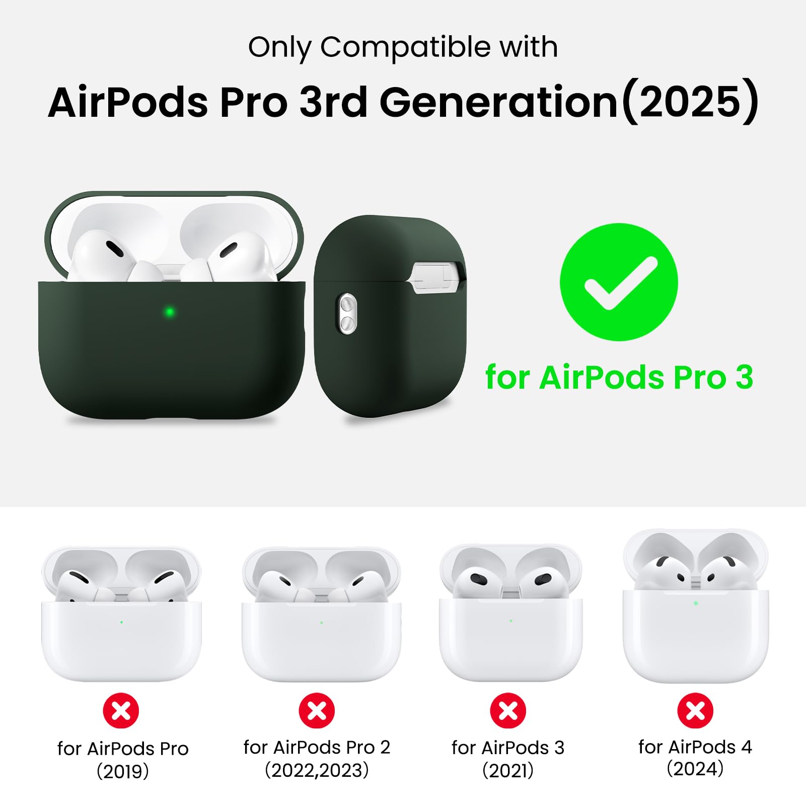 Only Compatible with  
AirPods Pro 3rd Generation (2025)  
for AirPods Pro 3  
for AirPods Pro (2019)  
for AirPods Pro 2 (2022, 2023)  
for AirPods 3 (2021)  
for AirPods 4 (2024)