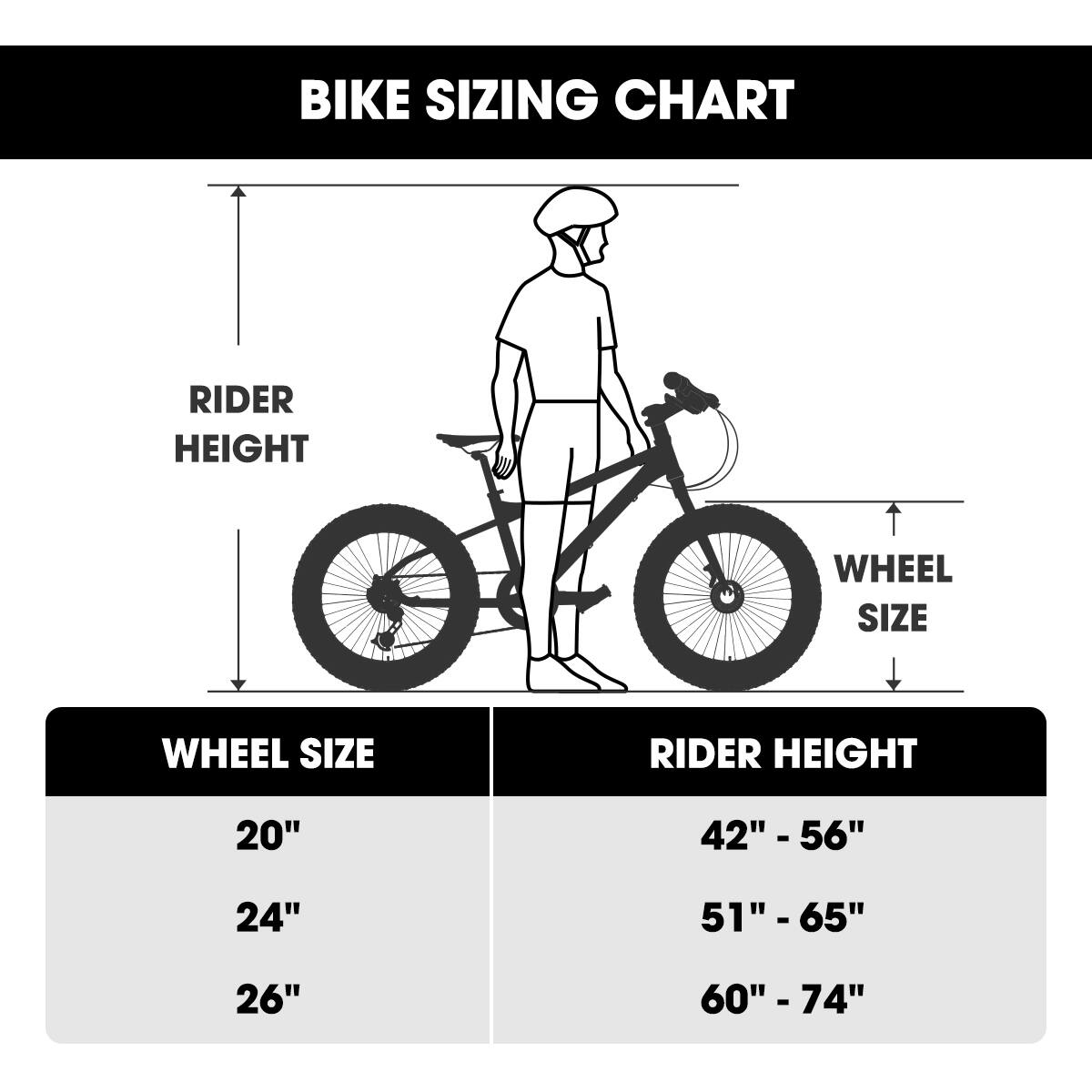 BIKE SIZING CHART

WHEEL SIZE
20" 42" - 56"
24" 51" - 65"
26" 60" - 74"