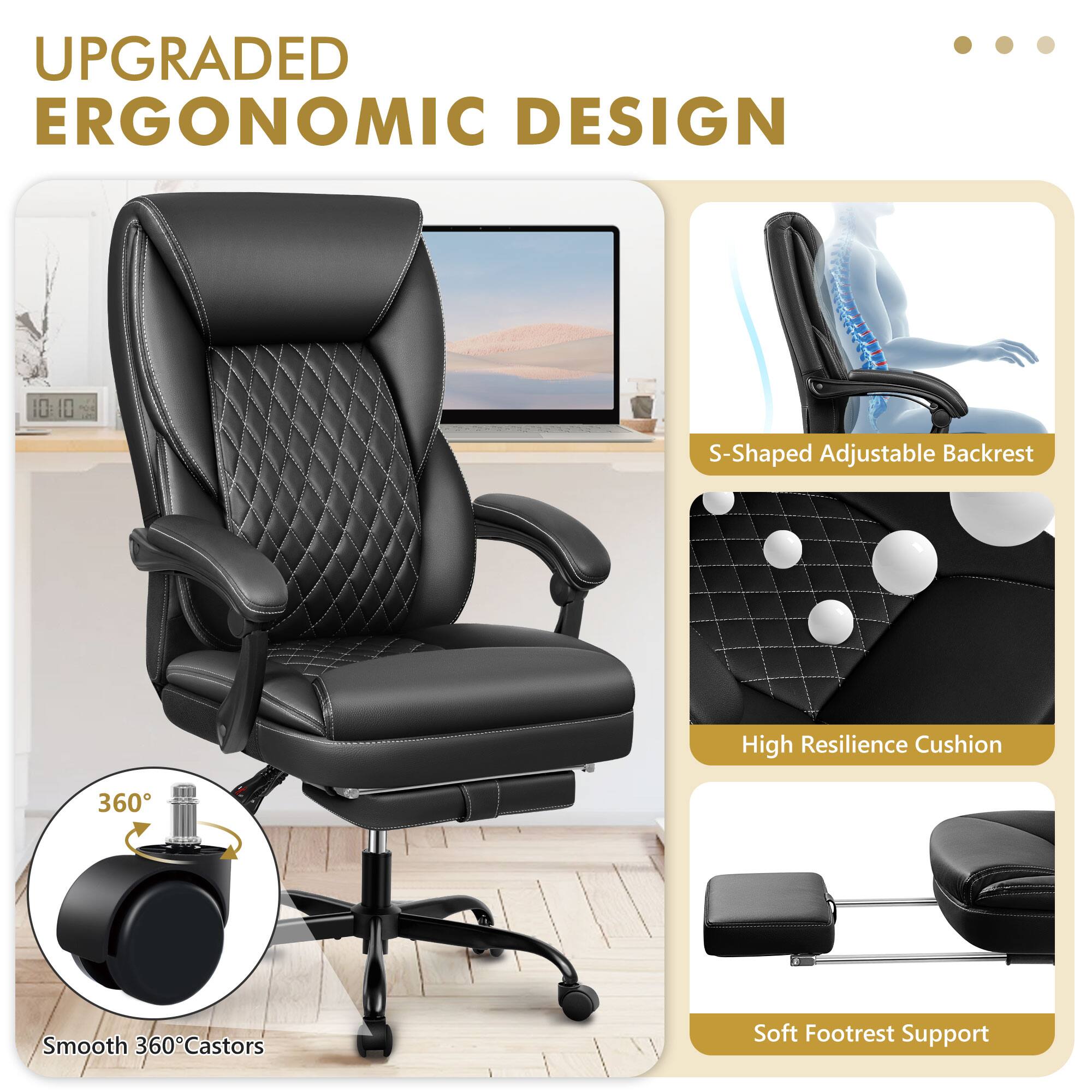 UPGRADED ERGONOMIC DESIGN

- S-Shaped Adjustable Backrest
- High Resilience Cushion
- Smooth 360° Castors
- Soft Footrest Support