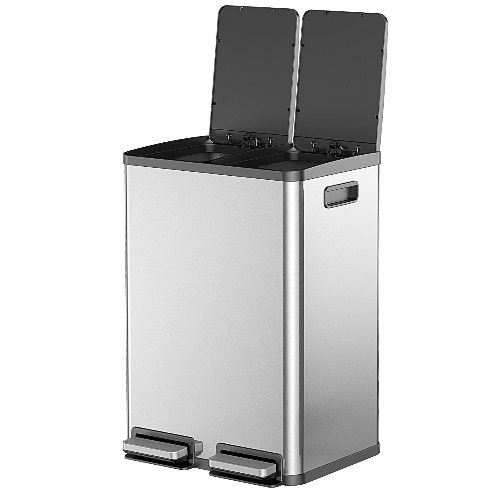Left. AENKYO - 16Gal./60 Liter Stainless Steel Trash Can Dual Compartment Plastic Inner Bucket - Silver.