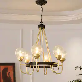 RYHNUYNE - 6 Light Modern Chandelier, 24" Gold and Black Metal Pendant Light with Ribbed Glass Globes Adjustable Height
