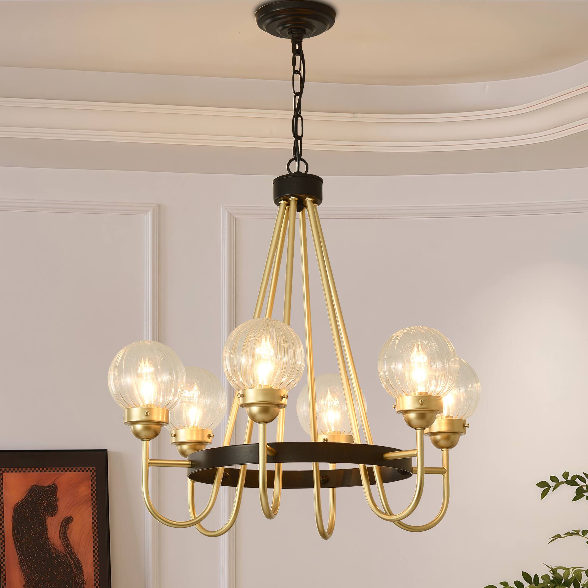Front. RYHNUYNE - 6 Light Modern Chandelier, 24" Gold and Black Metal Pendant Light with Ribbed Glass Globes Adjustable Height.
