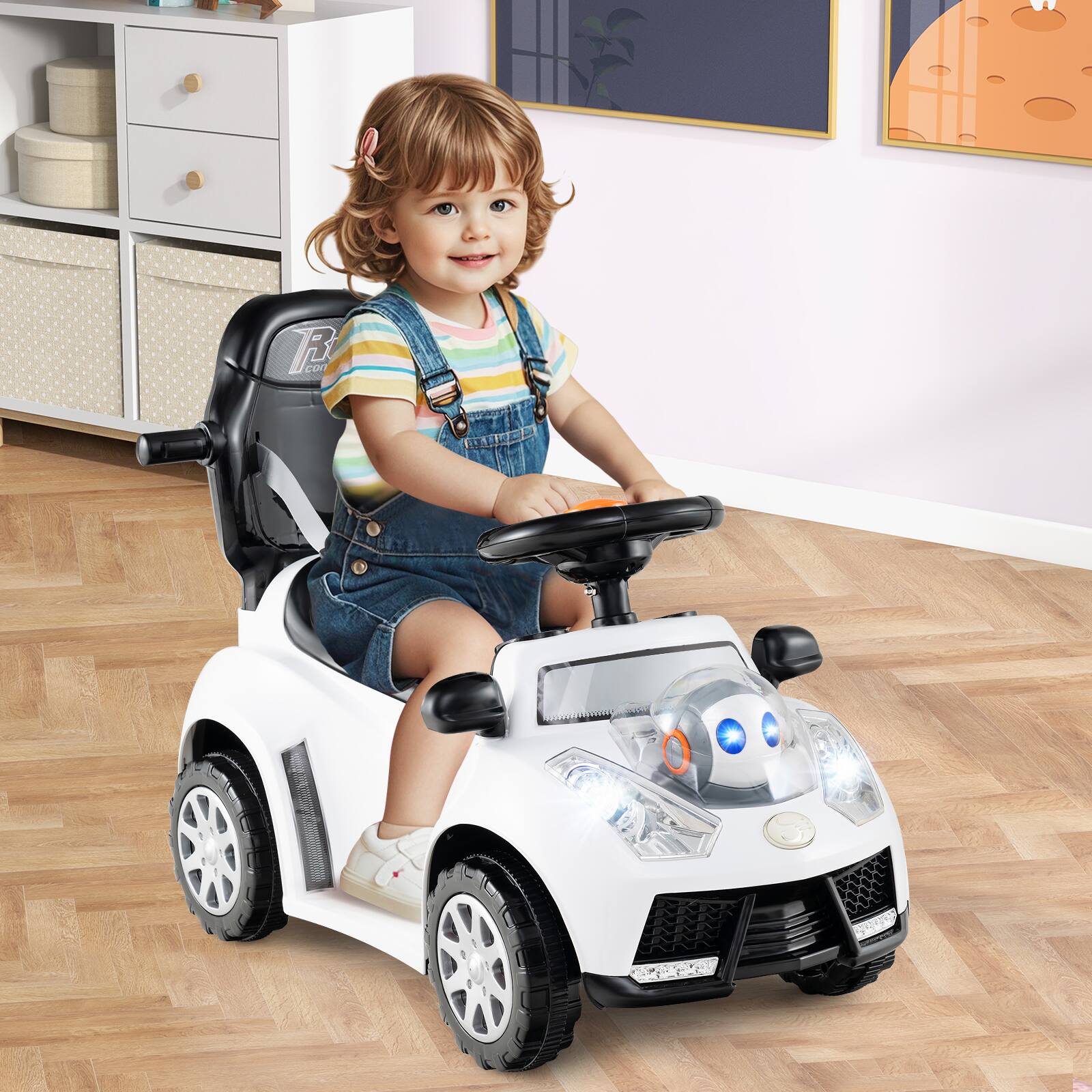 Alt View 1. Costway - Costway 3-in-1 Sliding Walker w/ Adjustable Canopy Horn Music & Light for Boys & Girls - White.