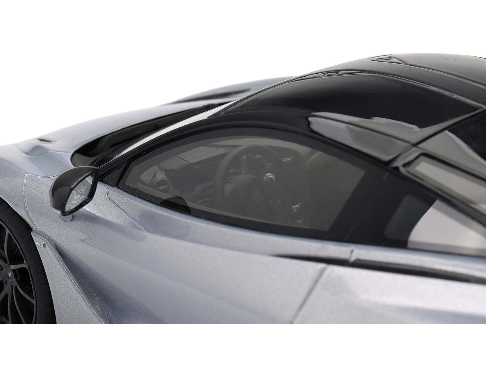 Angle. Top Speed - McLaren 750S Ice Silver Metallic with Black Top 1/18 Model Car by Top Speed - Silver Metallic and Black.