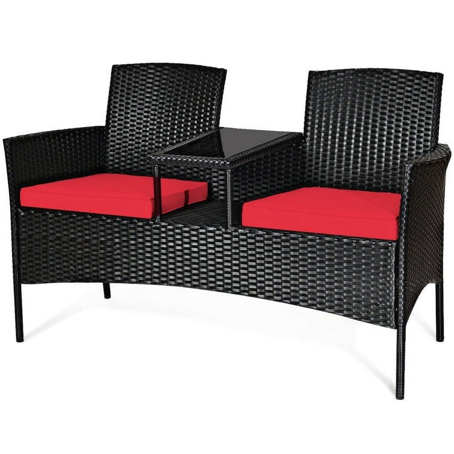 Alt View 4. Kadyn - 3 Pc Patio Conversation Bistro Set with Seat Outdoor Rattan Patio Conversation Set with Built-in Coffee Table and Cushio - Red.