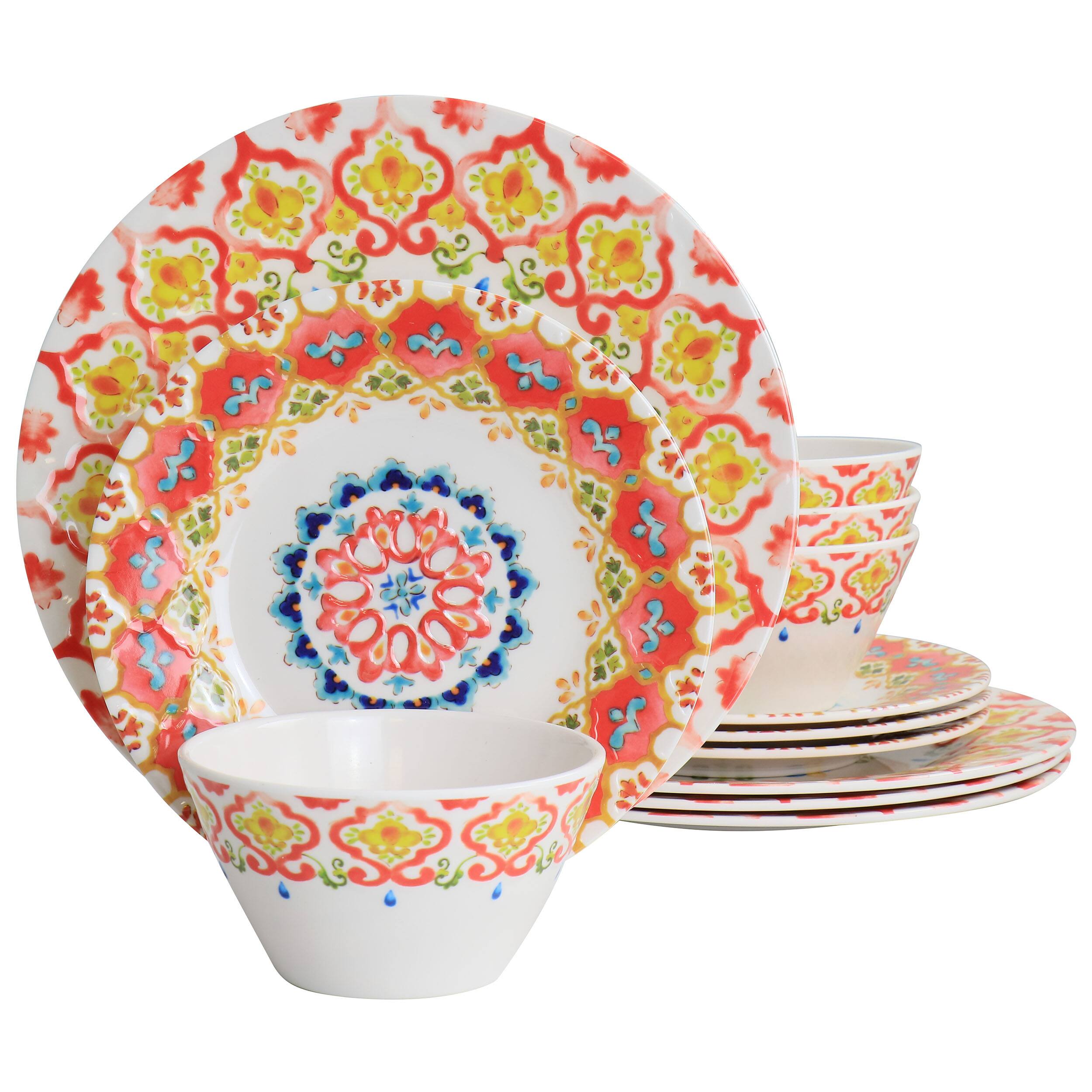 Front. Laurie Gates - Laurie Gates California Designs Tamayo 12 Piece Melamine Dinnerware Set in Multi-Color - White/Red/yellow/Blue.