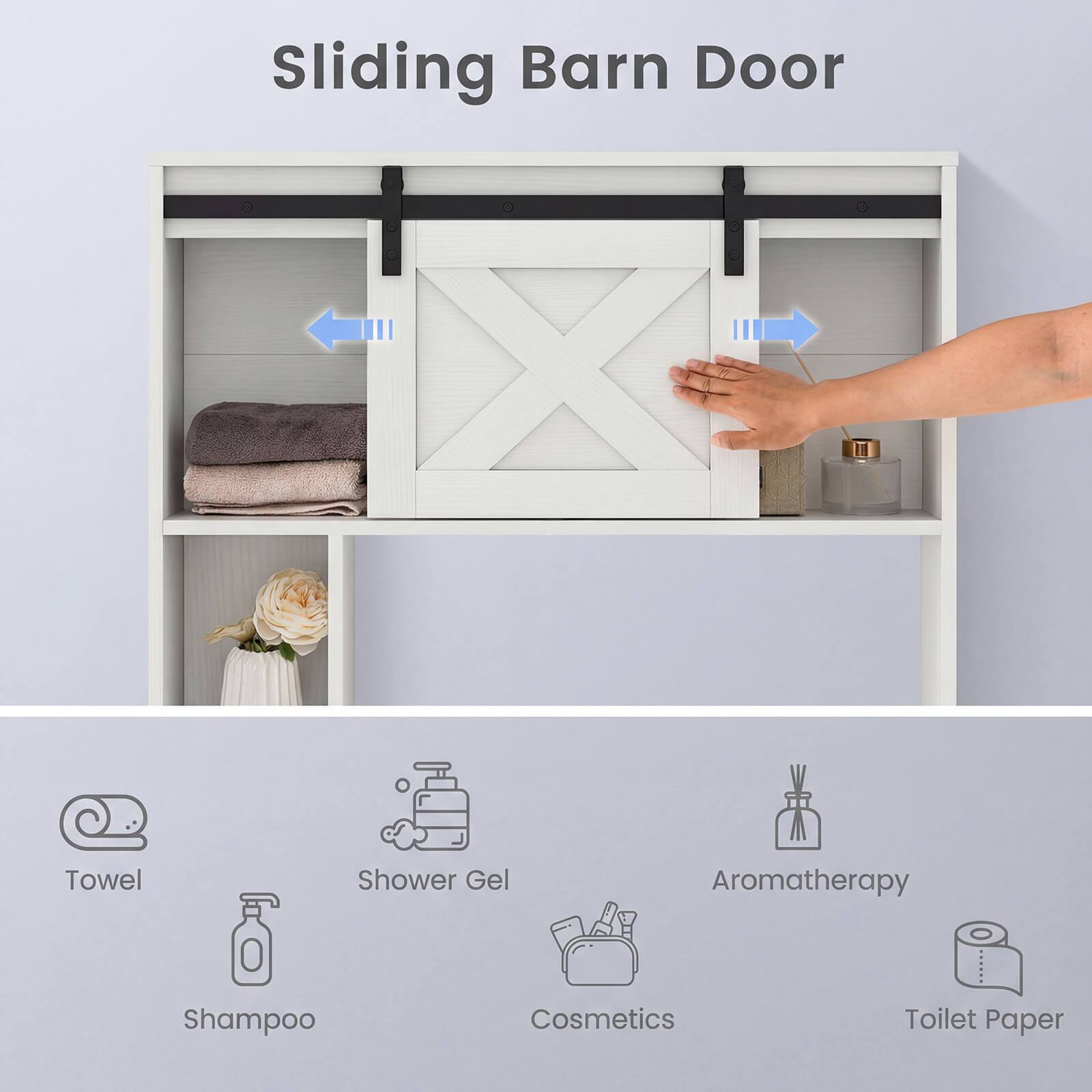 Sliding Barn Door

Towel
Shower Gel
Aromatherapy
Shampoo
Cosmetics
Toilet Paper