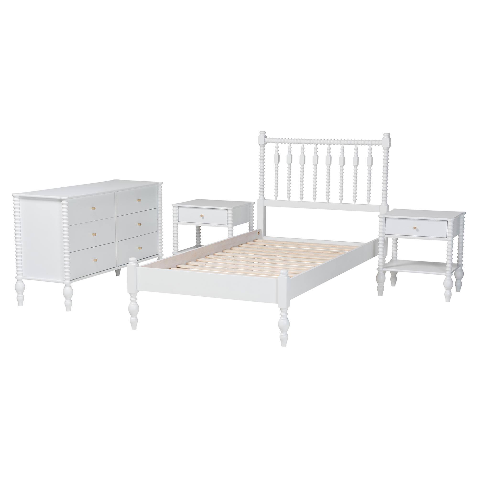 Angle. Baxton Studio - Denita Spindle 4-Piece Bedroom Set - Farmhouse Platform Bed with Matching Dresser and 1-Drawer Nightstands, Twin - White.